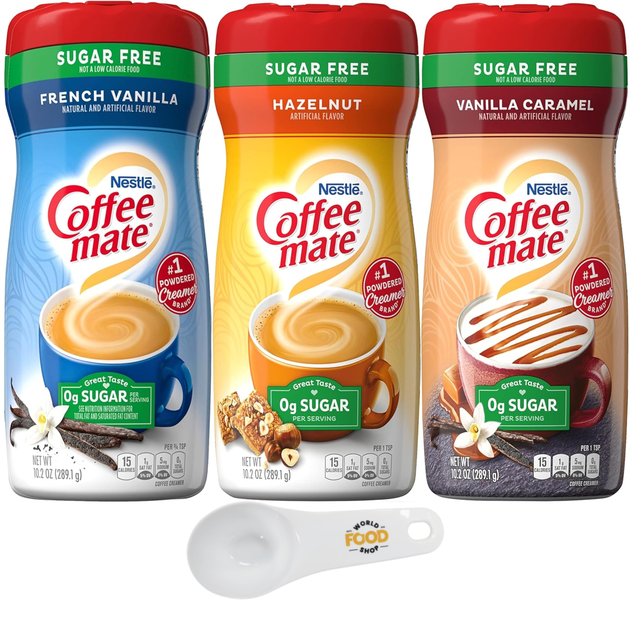 Coffee mate Sugar-Free Powder Coffee Creamer Variety, French Vanilla, Vanilla Caramel and Hazelnut with World Food Shop Scoop