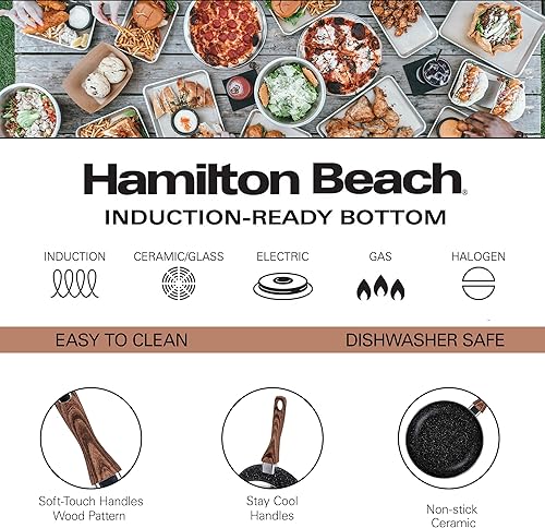 Miniatura 7 de Hamilton Beach Juego de 3 sartenes antiadherentes de mármol de aluminio con parte inferior de inducción mango suave al tacto negro 89511 pulgadas