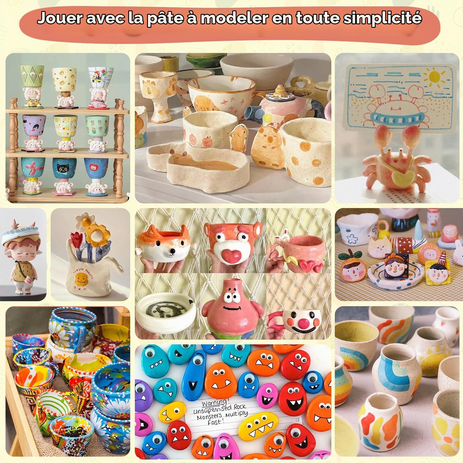 Kit Poterie 36pcs, Kit Argile Autodurcissante Prête à l'emploi, avec 2 kg d'argile, Outils, Peintures, Pinceaux, Enduit d'Étanchéité, ne brûle Pas, pour Les Projets Créatifs et Le Bricolage