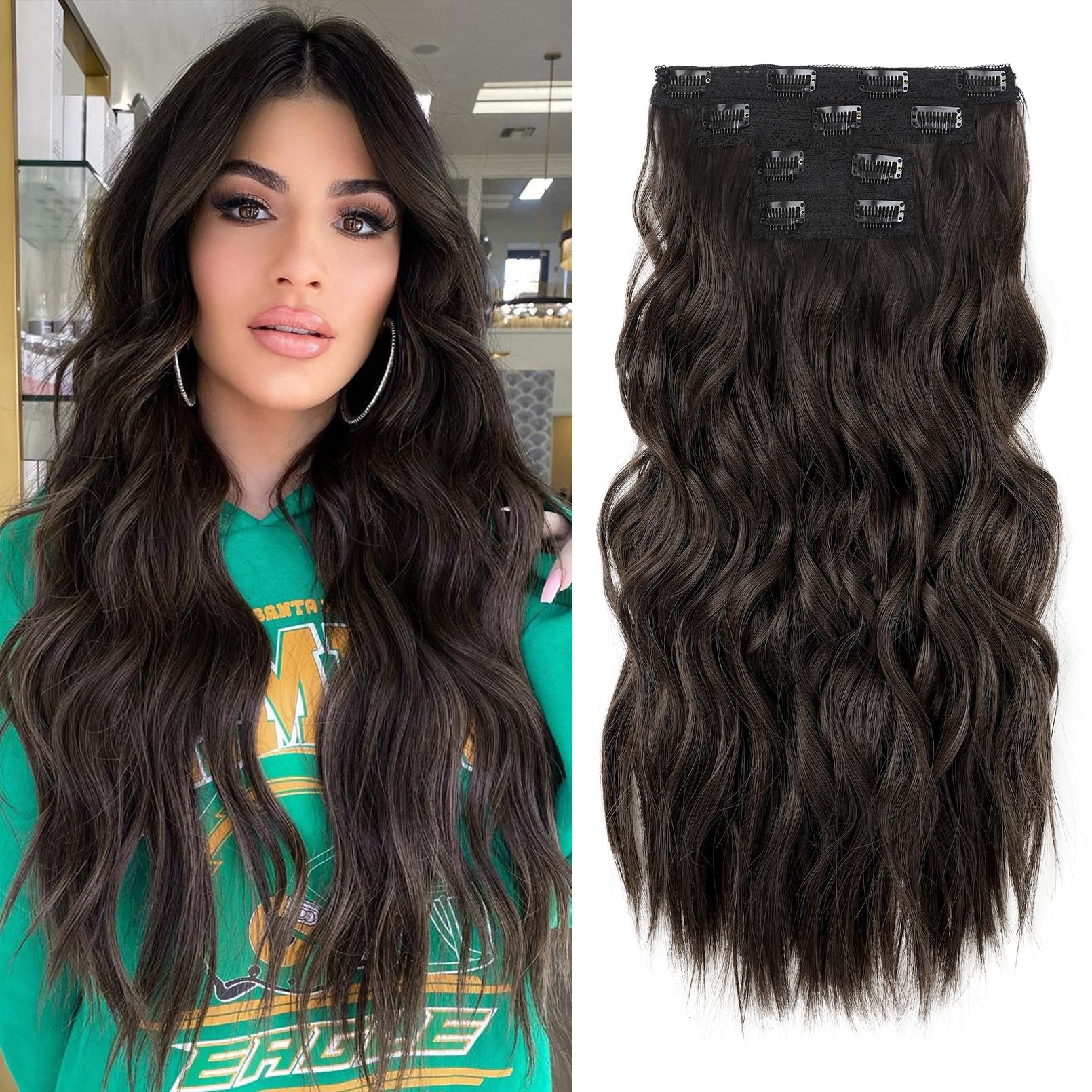 REECHO Hair Extensions, 4PCS Clip in Hair Extensions 24" Thick Long Beach Waves Black Brown hair extensions HE003 Invisible Lace Weft Natural Soft Synthetic Hairpieces for Women – Black Brown