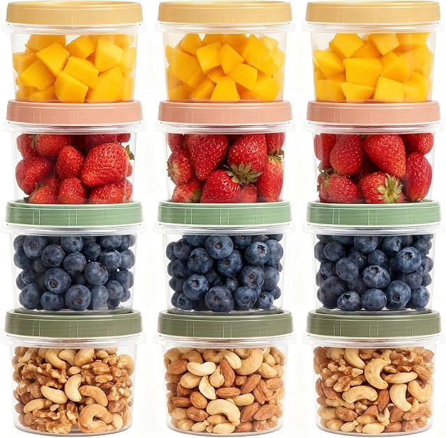 8 Oz Small Food Containers with Lids, 12 Pack, 1-Cup Reusable Snack Containers with Screw Top for Food Small Portions Meal Prep Freezer Storage, Microwave Freezer Dishwasher Safe, 4 Colors