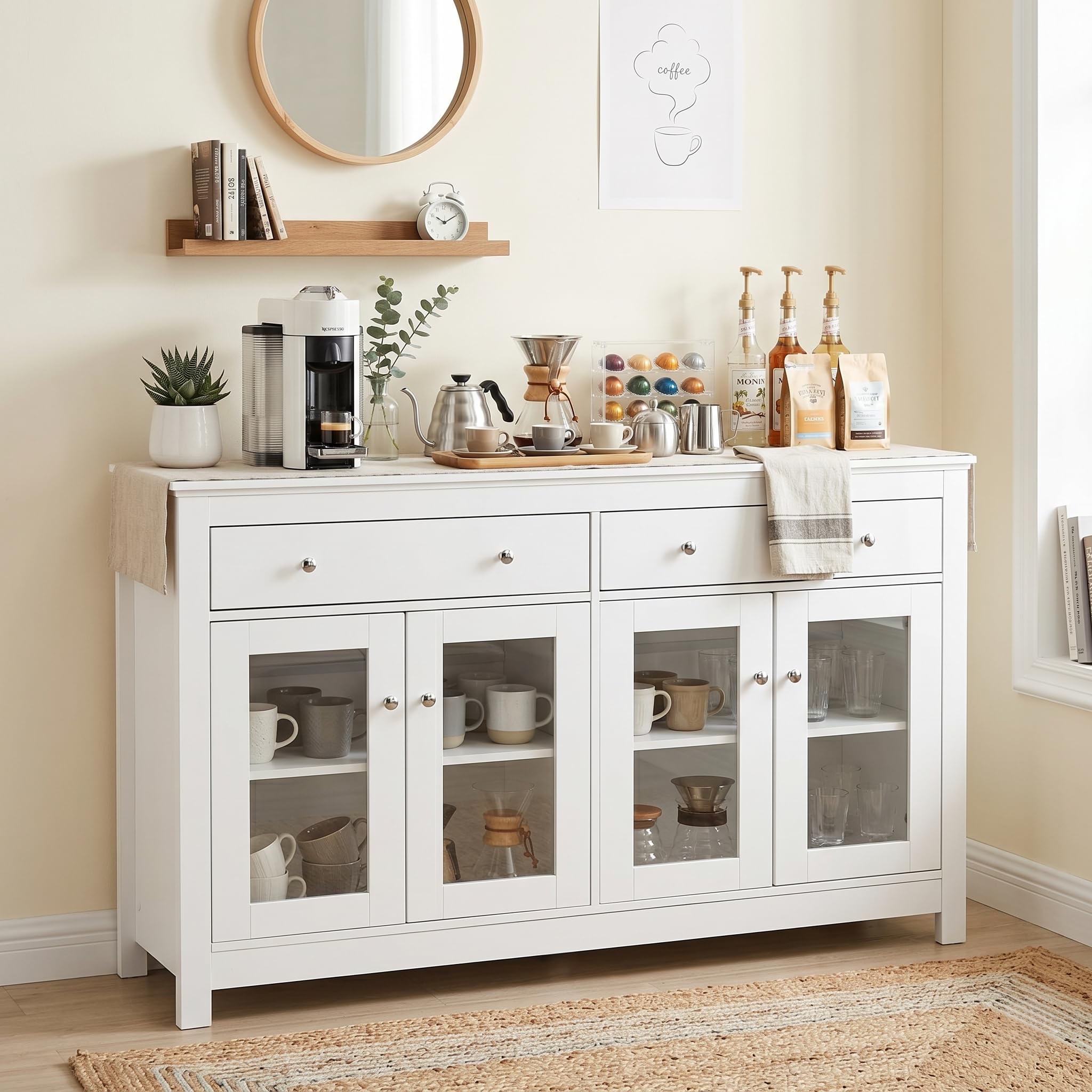 Sideboard,Küchenschrank mit Arbeitsplatte,Küchenommode mit 4 glastüren,2 Schubladen,Verstellbaren Regalen & Anti-Kipp-Set,für Küche Wohnzimmer Esszimmer,Buffetschrank 140x90x40cm,Weiß