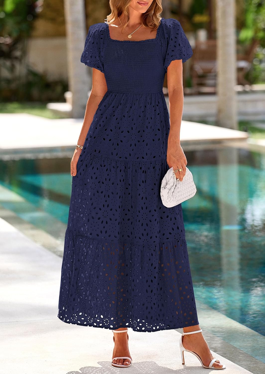 PRETTYGARDEN Summer Dresses for Women 2026 Eyelet Square Neck Puff Sleeve Smocked Wedding Guest Maxi Dress with Pockets