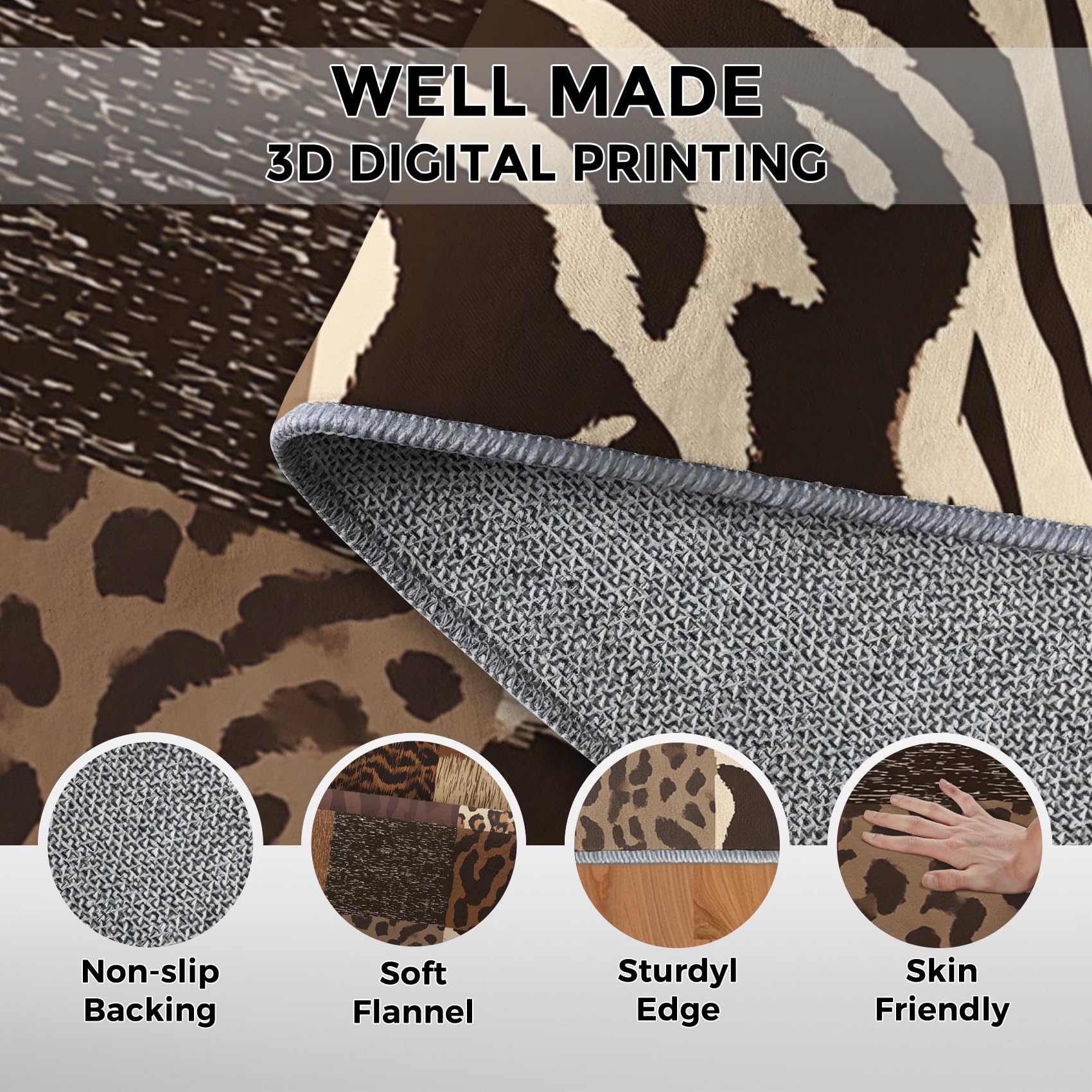 Generisch Patchwork Tiermuster Teppich Wohnzimmer 160x230, Kurzflor Teppich Schlafzimmer Tiger Zebra Leopard Wohnzimmerteppich Groß, Weich Flanell - Antirutsch Carpet H-85