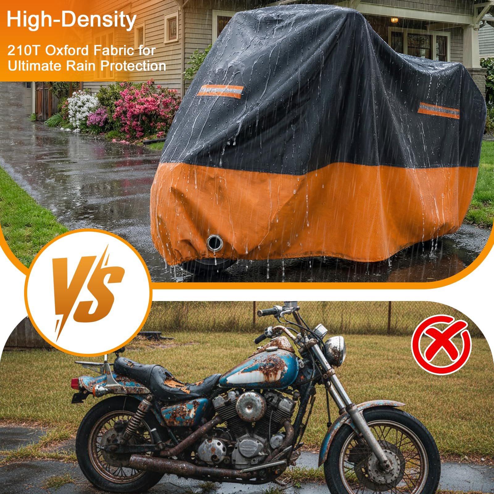 Favoto Housse Moto Extérieure Imperméable - Bâche de Protection XXL Anti-UV & Anti-Poussière avec Trou pour Antivol Sangles Coupe-Vent Noir Orange 245×105×125cm - 2
