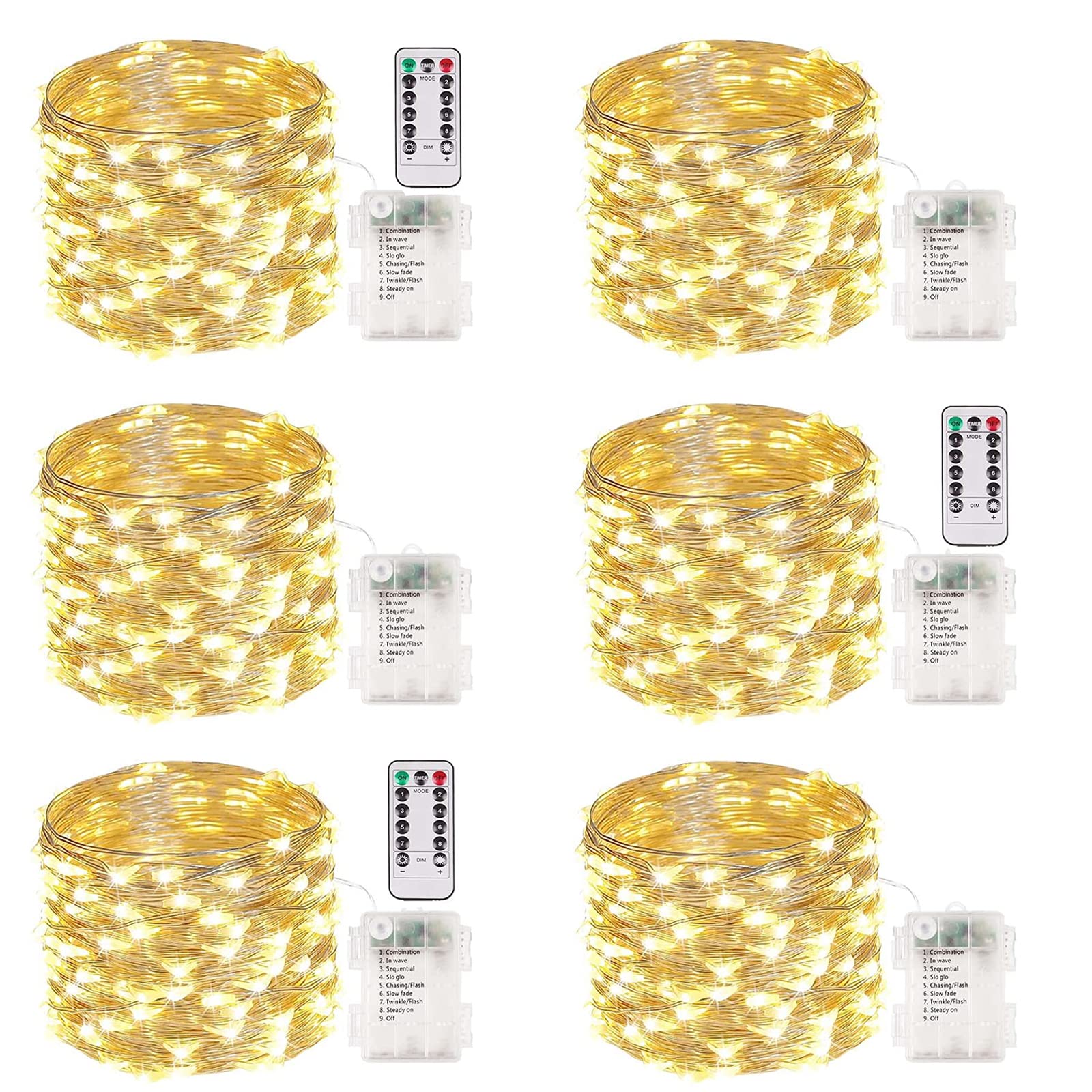 Albelt Paquete de 6 luces LED de 33 pies, funciona con pilas, control remoto y temporizador, guirnalda de luces de Navidad para decoración de dormitorio, impermeable, 8 modos de luces parpadeantes