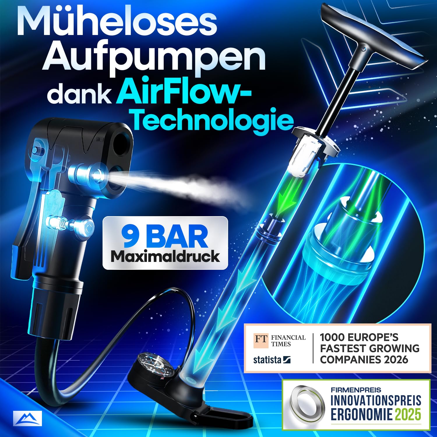 NEXTCOVER® Pompe à vélo toutes les valves avec technologie Airflow I Pompe pour valve de voiture, valve Presta et valve Dunlop I Pompe à air pour vélo avec manomètre I Pompe à air vélo
