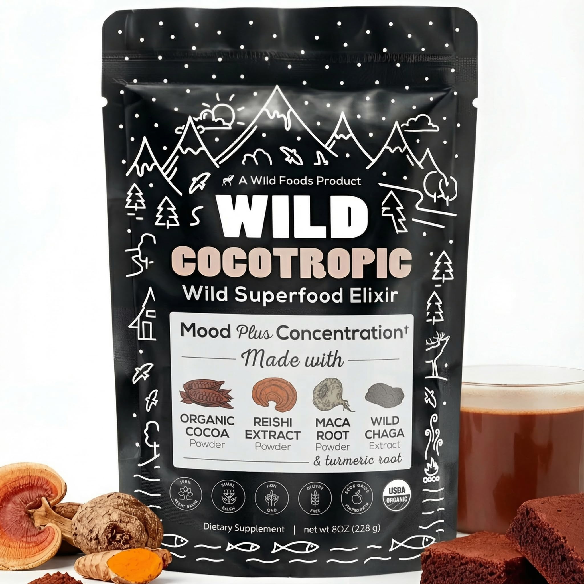 Organic Cocotropic Superfood Mushroom Hot Chocolate Mix, 8 oz | Non-GMO, Vegan, Gluten Free, Reishi Mushrooms, Chaga