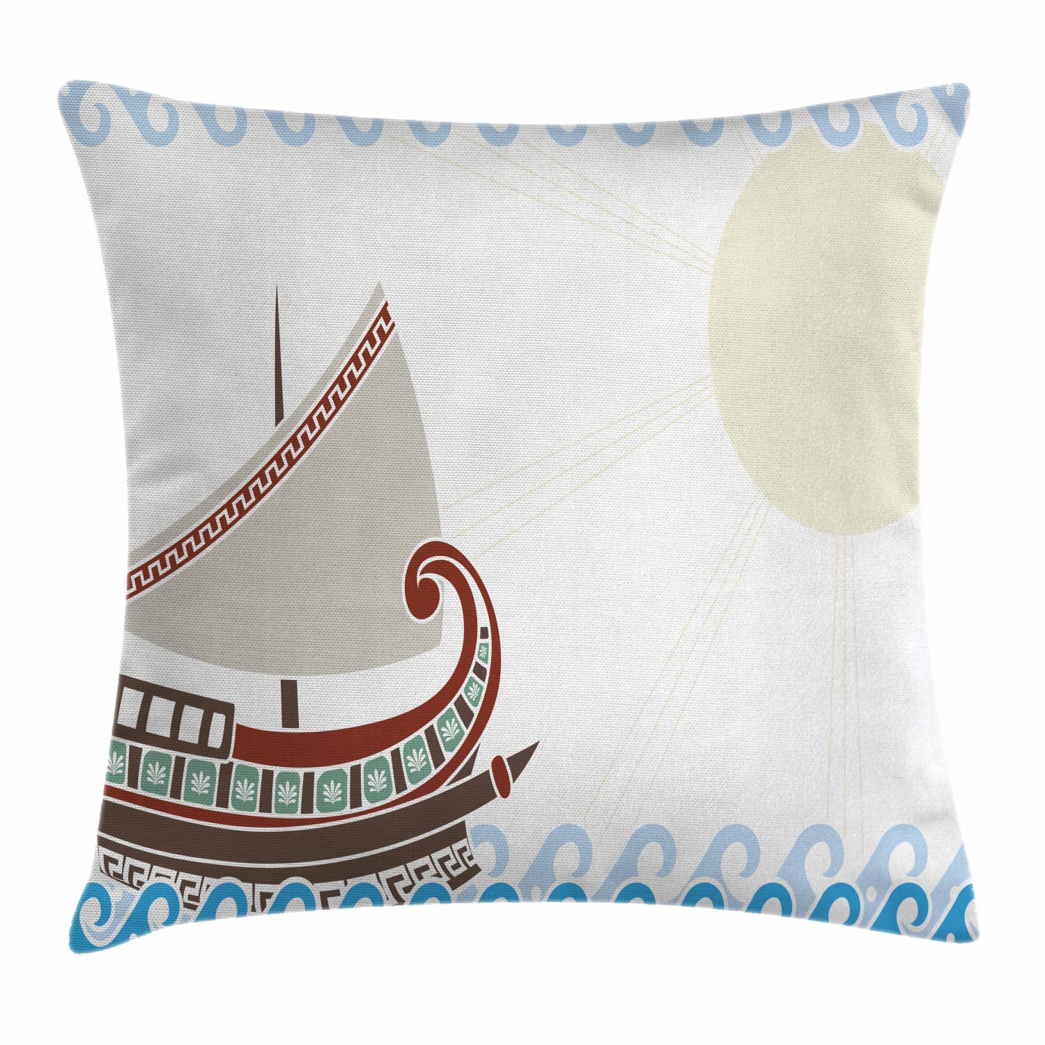 AmbesonneRetro Throw Pillow Cushion Cover, Ornate Ship Floating on Classic Greek Style Ocean Waves Faded Sun, Decorative Square Accent Pillow Case, 18" X 18", Blue Redwood