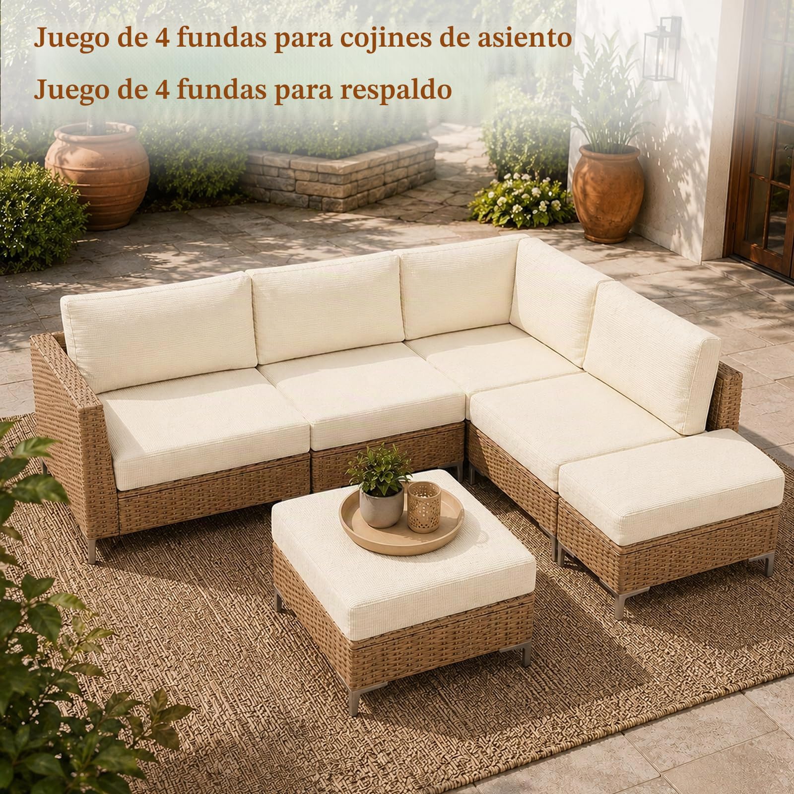 8 fundas de cojín elásticas para sofá, 4 fundas de cojín y 4 fundas de cojín para la espalda, funda con corbatas, tela antideslizante de tartán, apta para animales, para exteriores (beige)