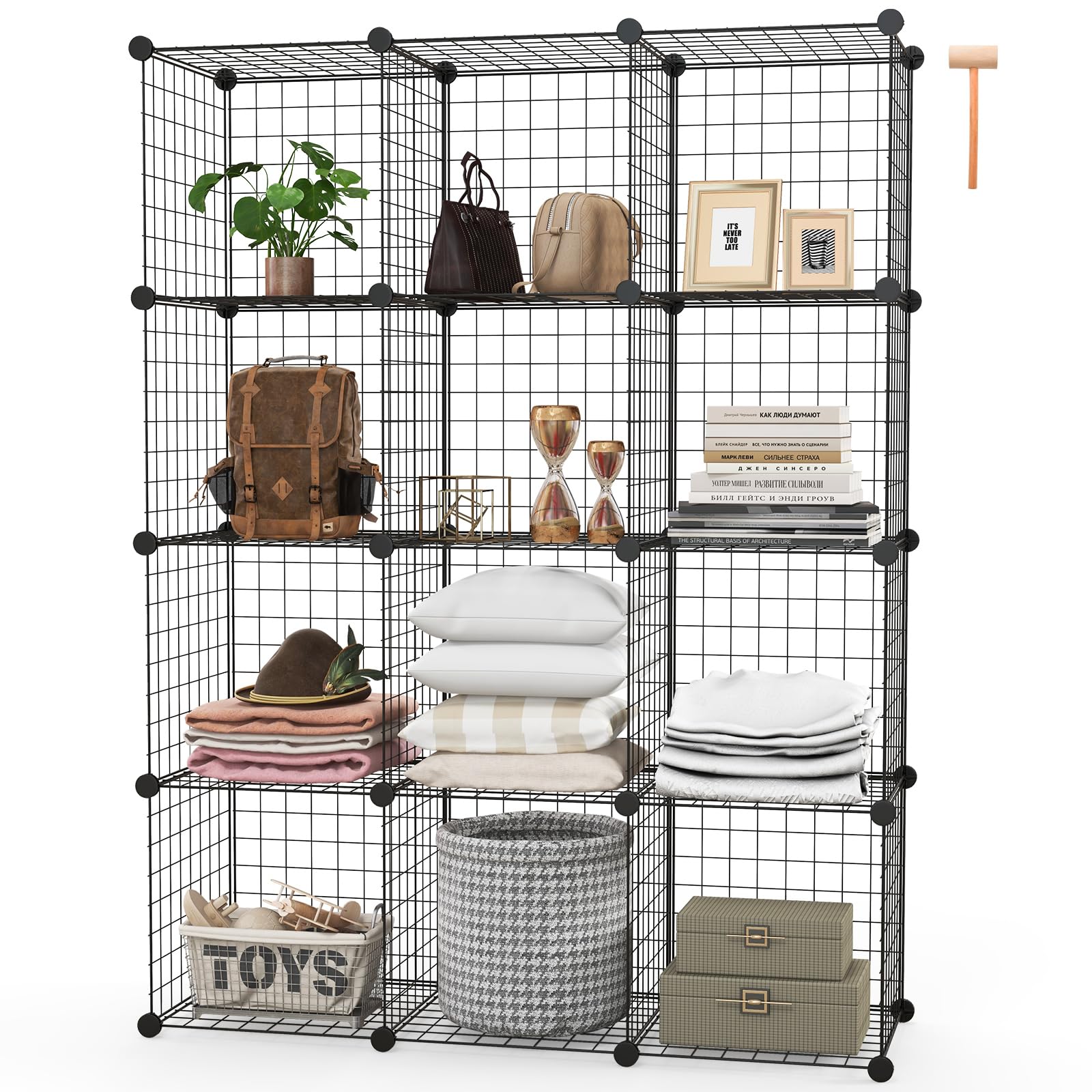 Multigot 12 Cube Wire Storage Shelves, Multifunctional DIY Interlocking Frame Wardrobe Closet Cabinet Rack, Books Clothes Display Organiser Unit for Livingroom Bedroom (Black, 110x37x145cm)