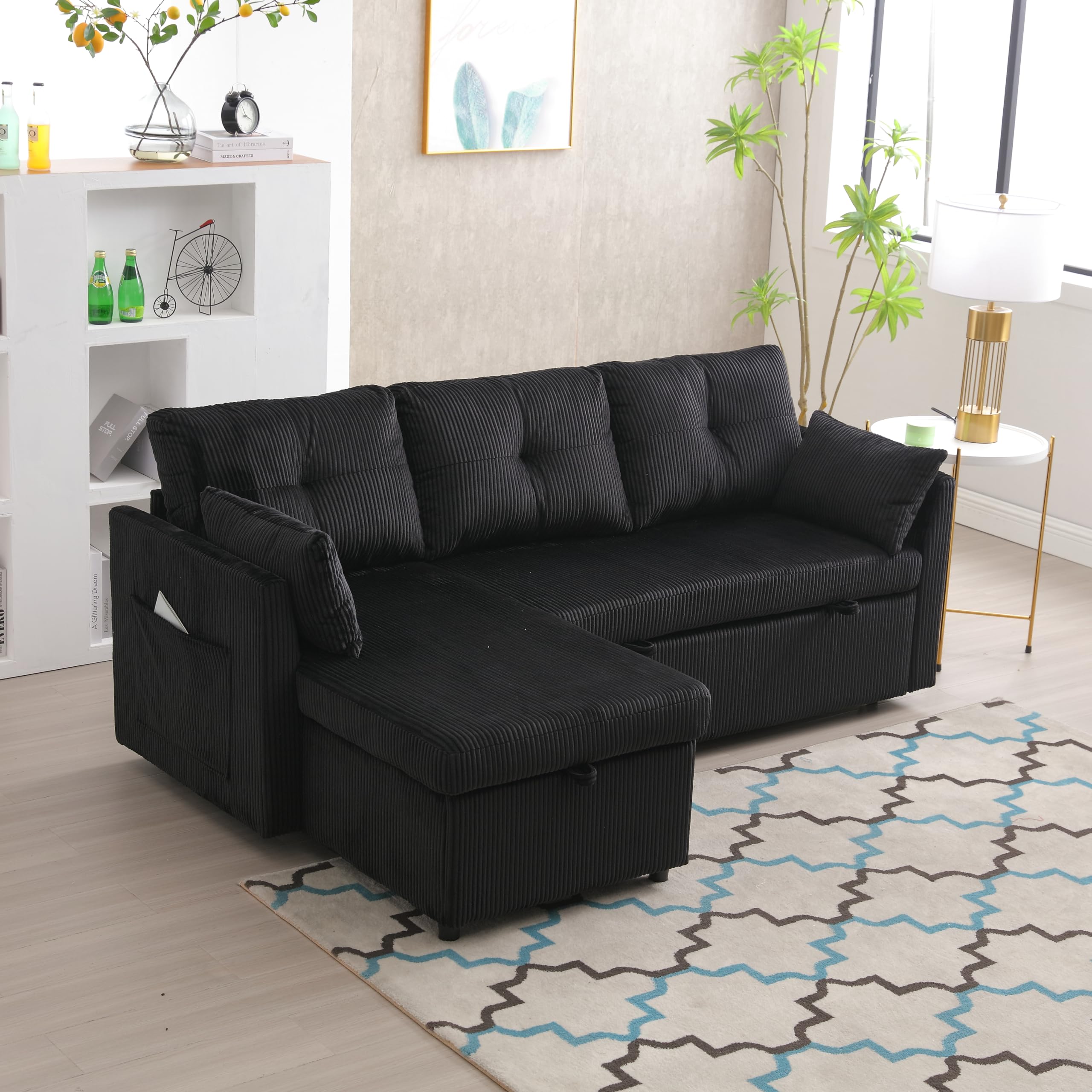 Ball & Cast 206 cm L-Shaped Modular Sectional Sofa with Movable Ottoman,Set of Deep Seat Boneless Couch with Chaise Lounge, Sofa Bed for Living Room Bedroom – No Assembly Required, Black