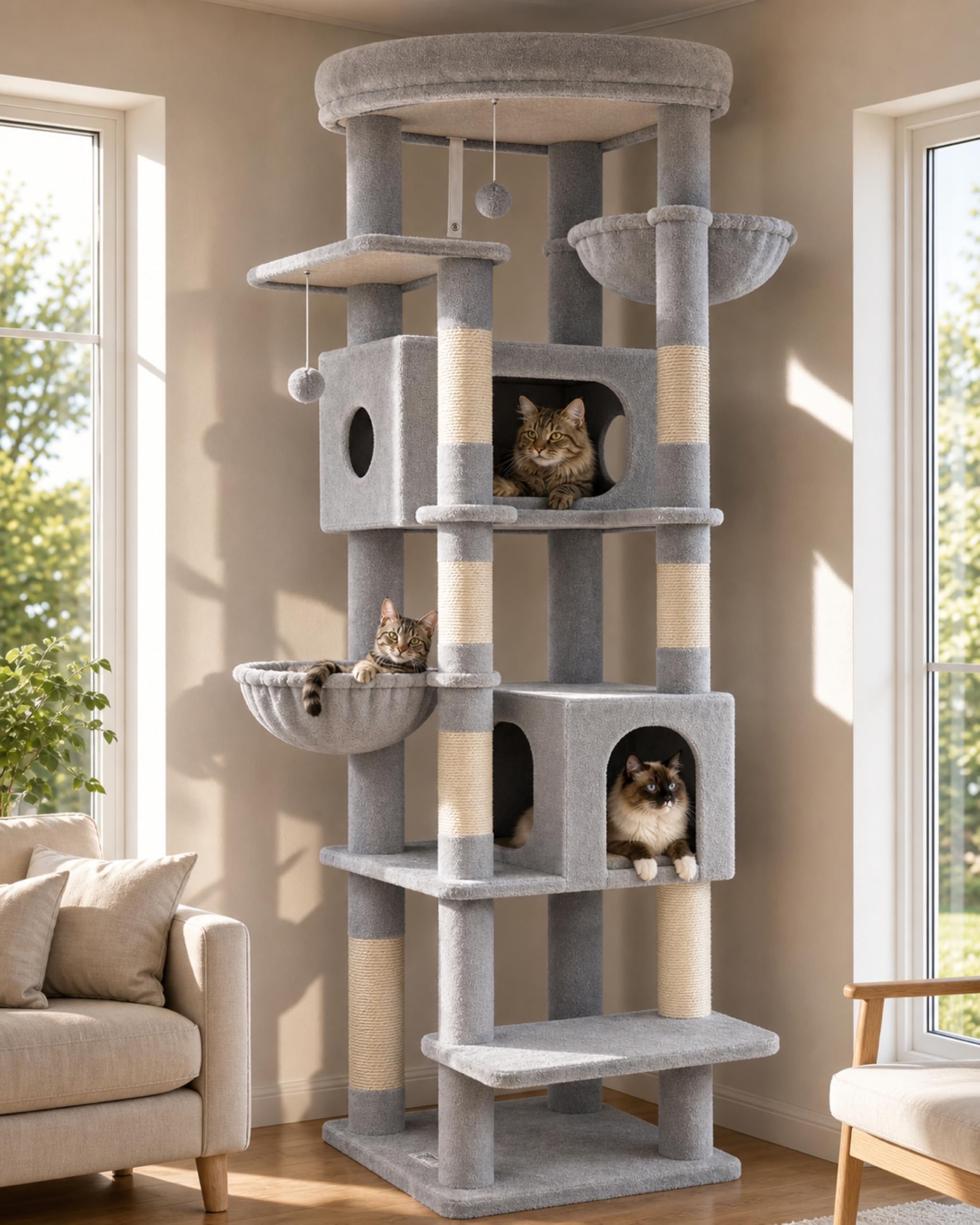 Globlazer Kratzbaum Große hoch 188 cm mit 2 Großer Katzenhaus, Gepolsterte Plattform, 2 Katzenkorb Vergrößern, Reinigbar Katzenbaum Ecke Stabil Kippsicher für Große Katzen Schwere (S74, Hellgrau)