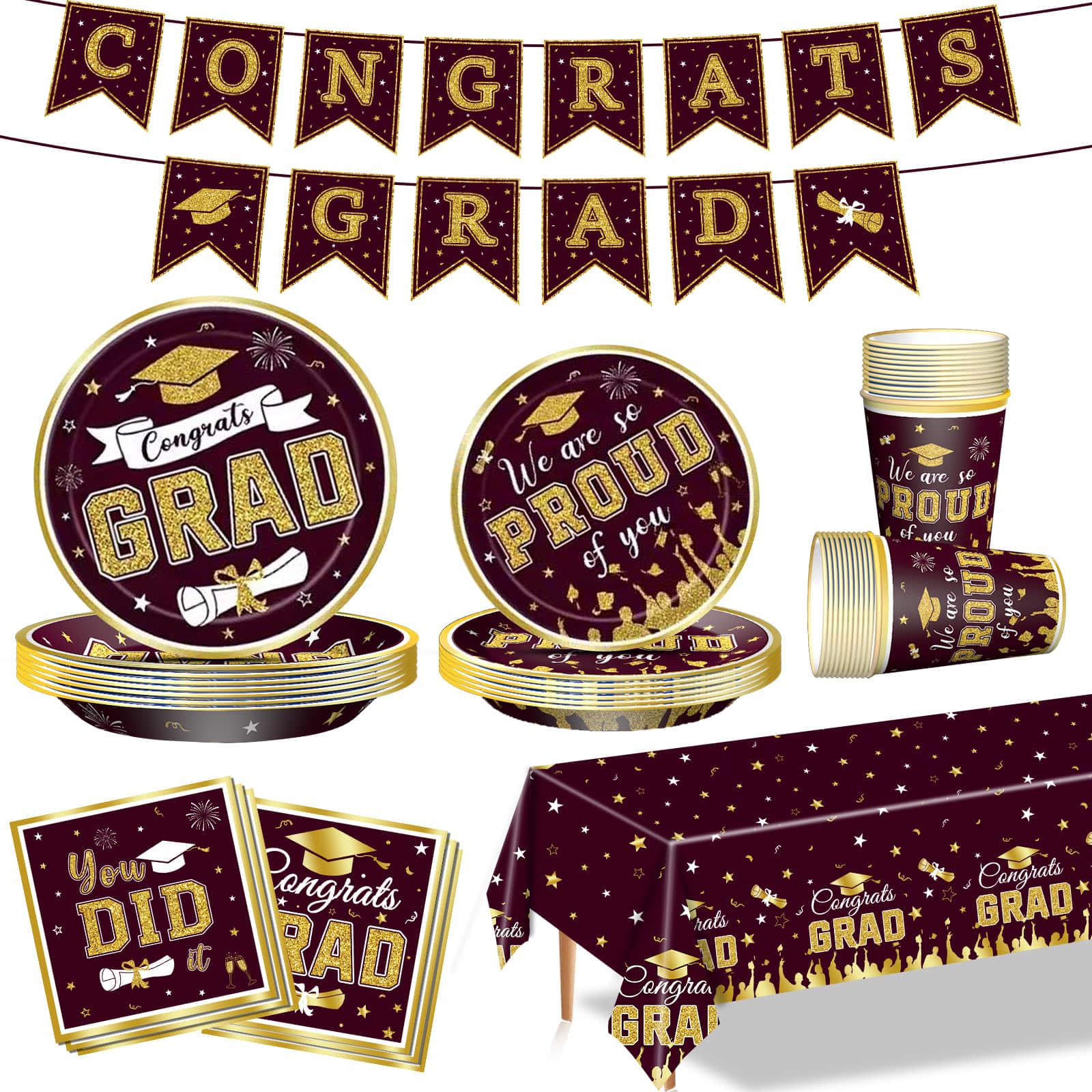 BSOMAM 2026 Graduation Party Decorations Maroon and Gold Grad Party Supplies with Paper Plates Napkins Cup Tablecloth and Congrats Grad Banner for
