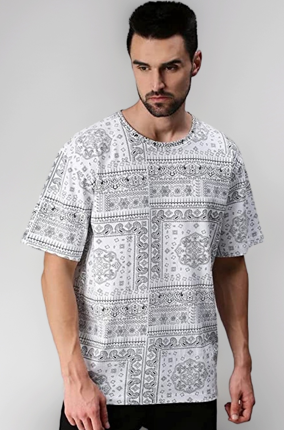 Pure Cotton Oversized Loose Baggy Fit Drop Shoulder Round Neck All Over Paisley Bandana Printed Half Sleeves T-Shirt for Men (Colors Available: White, Navy Blue & Beige)