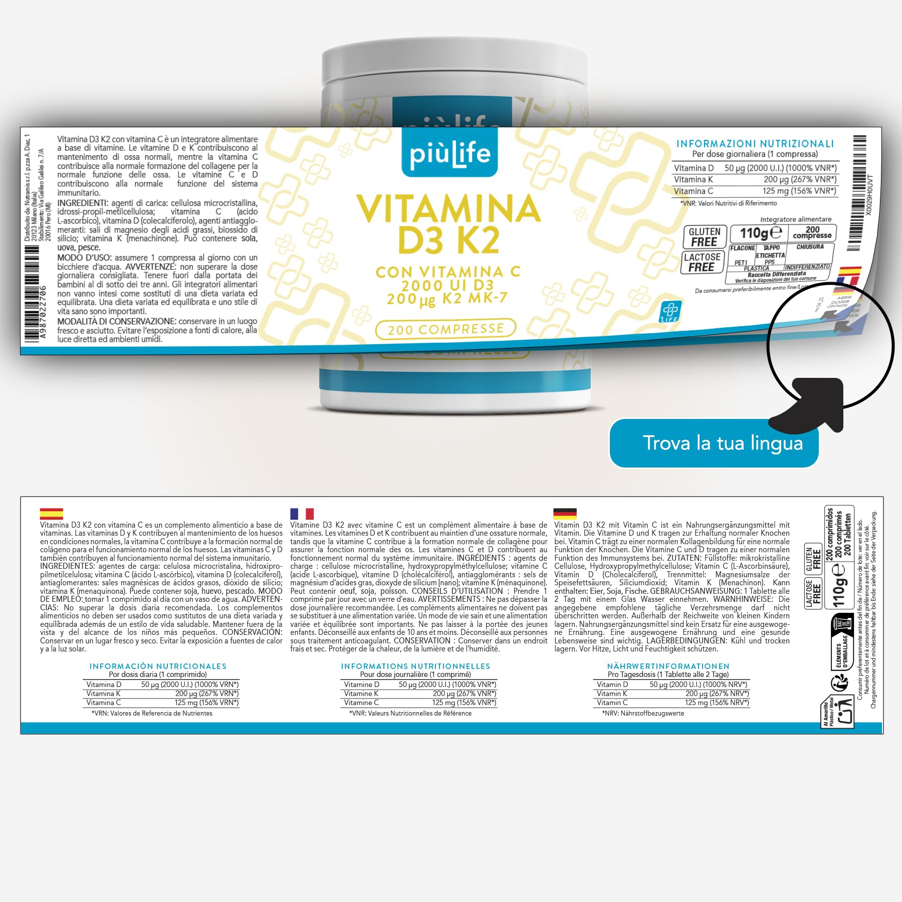 Vitamina D3 K2 Mk7 Con Vitamina C PiùLife – 200 Compresse – 1 Al Giorno, Vit D3 2000 UI, K2 200µg – Sostiene ossa forti, difese naturali e l’equilibrio di calcio e fosforo