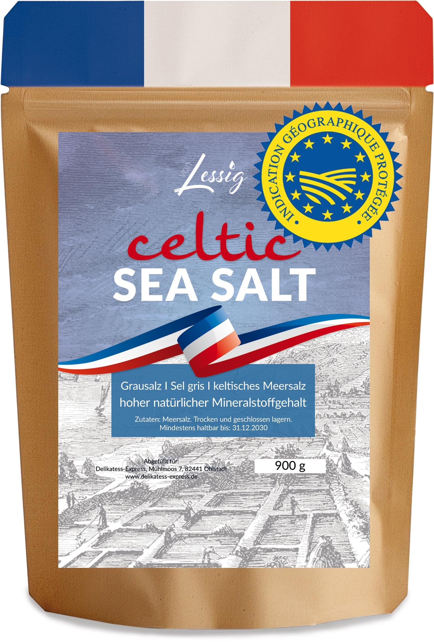 Lessig | 900g | celtic sea salt | graues keltisches Meersalz grau | handgeschöpft Frankreich | unraffiniert | ohne Zusätze | GMO Frei | kein Magnesium entfernt | Höchste Qualität
