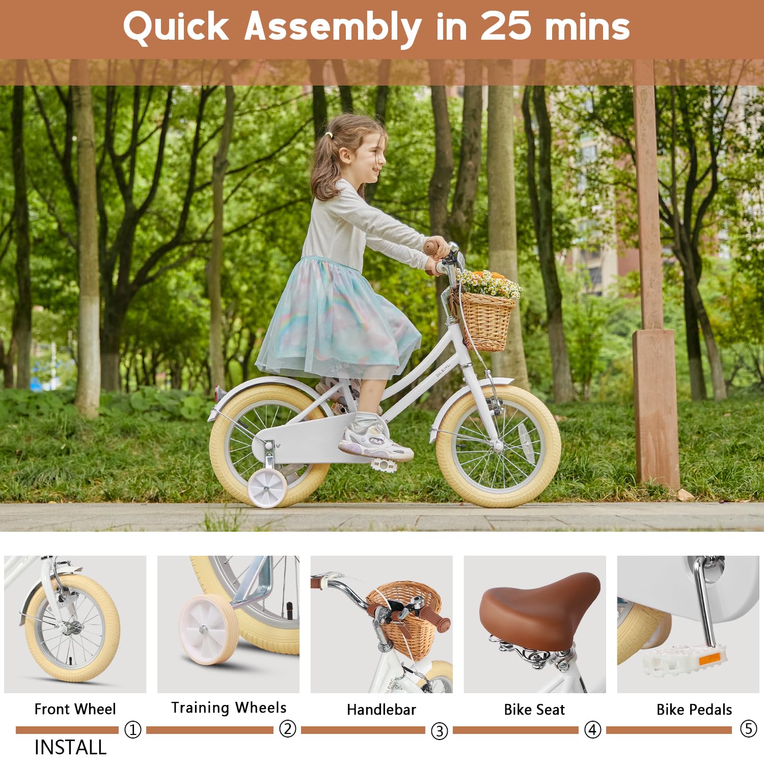 Vélo Rétro Glerc Little Molly Pour Enfants 12 à 20 Pouces, Avec Panier En Osier, Roues Stabilisatrices, Béquille, Freins Avant/arrière, Cadre Acier, Garantie à Vie