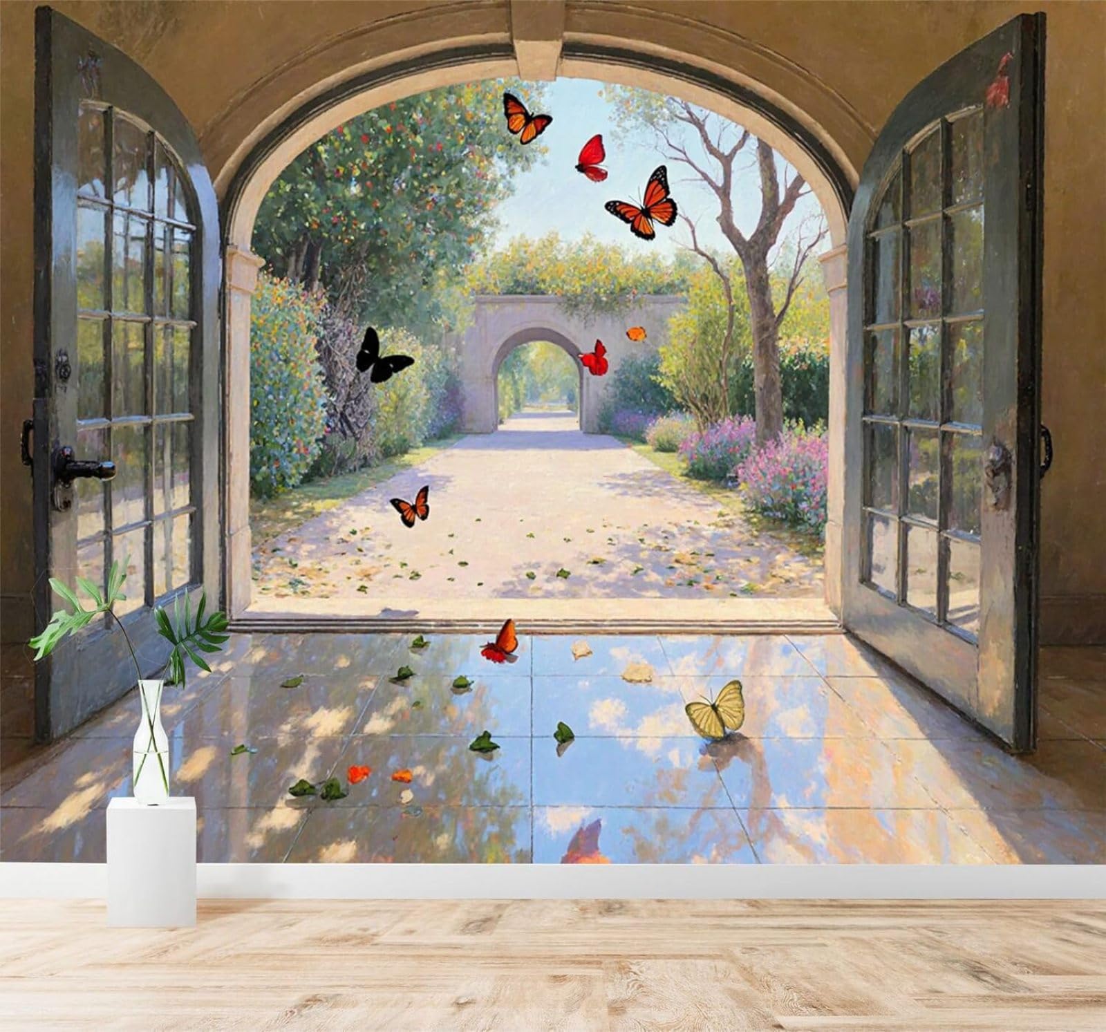 Xlming 150Cm×105Cm(B×H) Sunlight Garden Archway Butterfly Flowering Trees 3D Wallpaper Silky Texture Home Study Office Grey Dining Room Sofa Bedroom Living Room Tv Backdrop-150Cm×105Cm