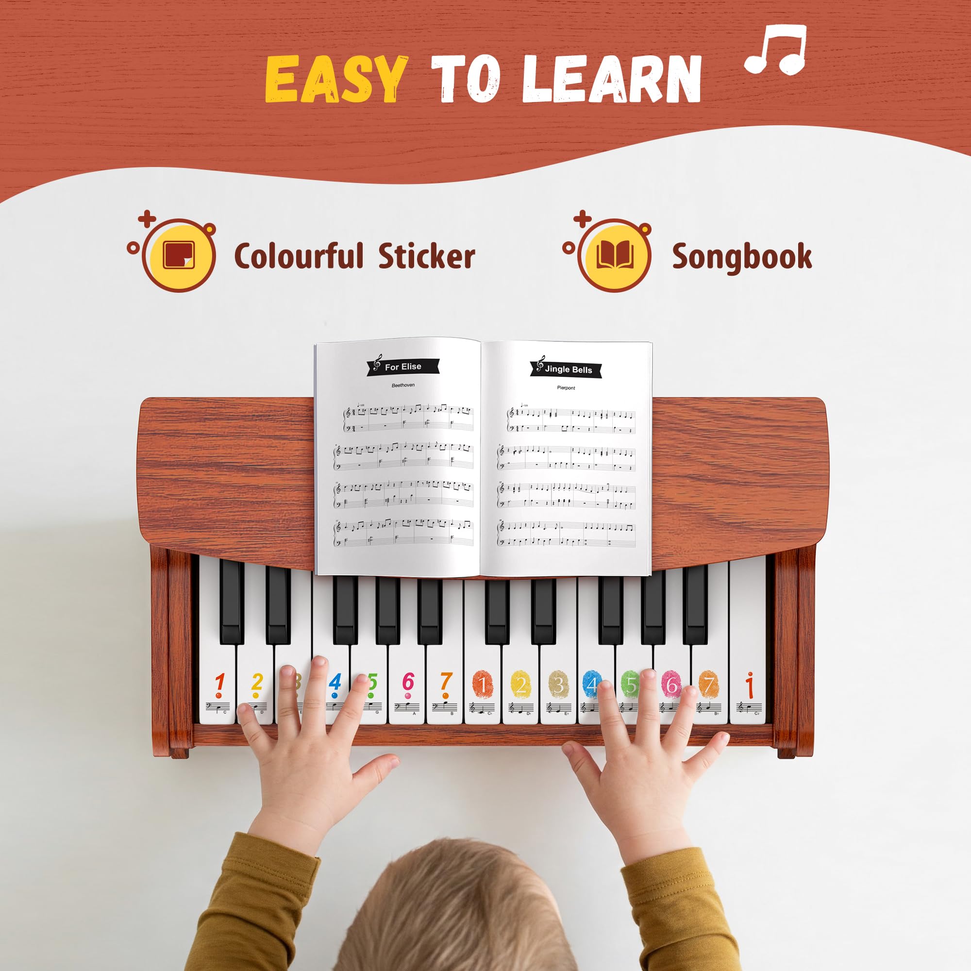CAHAYA Piano Infantil de 25 Teclas - Piano Eléctrico para Niños de Madera con Partituras de Pianos y Pegatinas Indicadoras de Notas El Regalo Ideal para Jóvenes Músicos