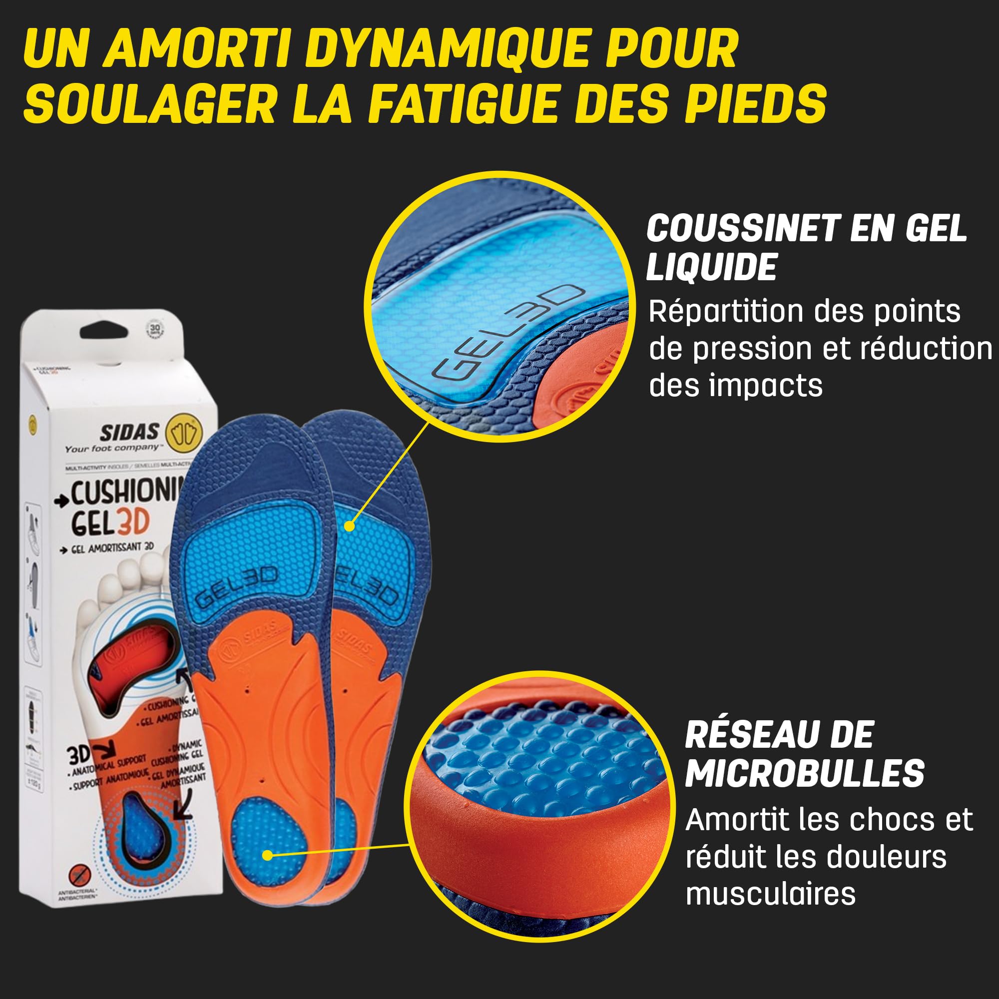 Sidas Semelle Cushioning Gel 3D , forme 3D anatomique