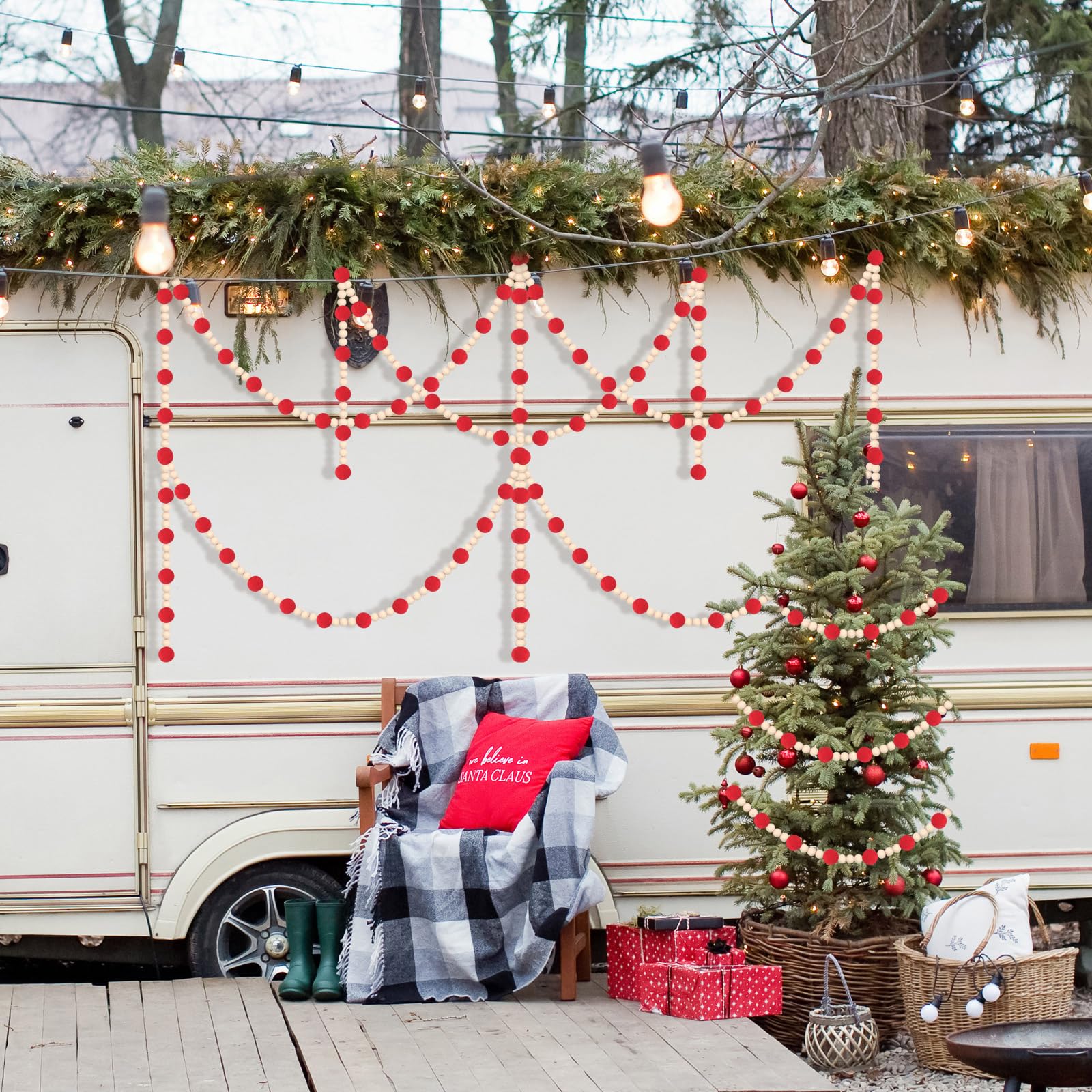 Barydat Guirnalda de bolas de fieltro rojo de 6 pies con cuentas de madera, guirnalda de pompones, guirnalda de fieltro, guirnalda de pompones, guirnalda de Navidad, decoración de árbol de Navidad