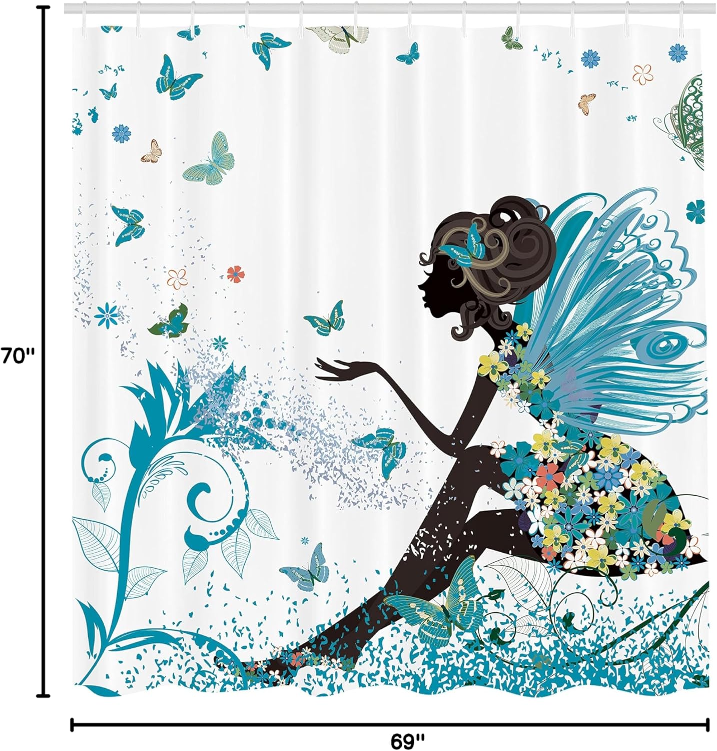Ambesonne Fantasy Shower Curtain, Spring Girl Wings in a Floral Dress Surreal Garden Butterflies Print, Cloth Fabric Bathroom Decor Set with Hooks, 69" W x 70" L, Pastel Yellow