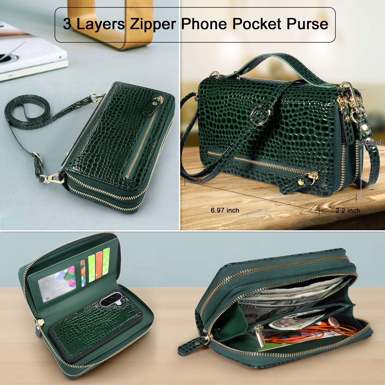 Harryshell Compatible with Samsung Galaxy A36 / A56 Case Wallet Multi Zipper Detachable Removable Cover Purse with Card Slots Holder Mirror Crossbody Wrist Strap (Crocodile Teal)