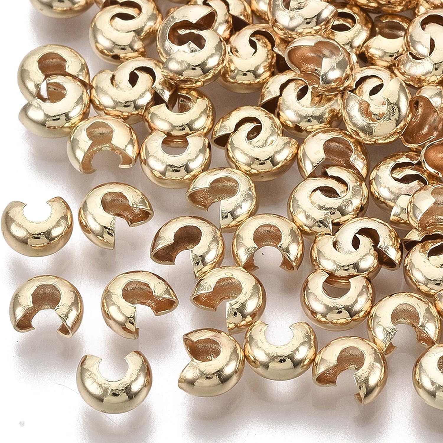 Craftdady 500pcs 18K Gold Crimp Bead Covers Brass Half Round Open Clamp Knot Cover Terminator End Tips 3mm Diameter for Bracelet Necklace Jewelry Making