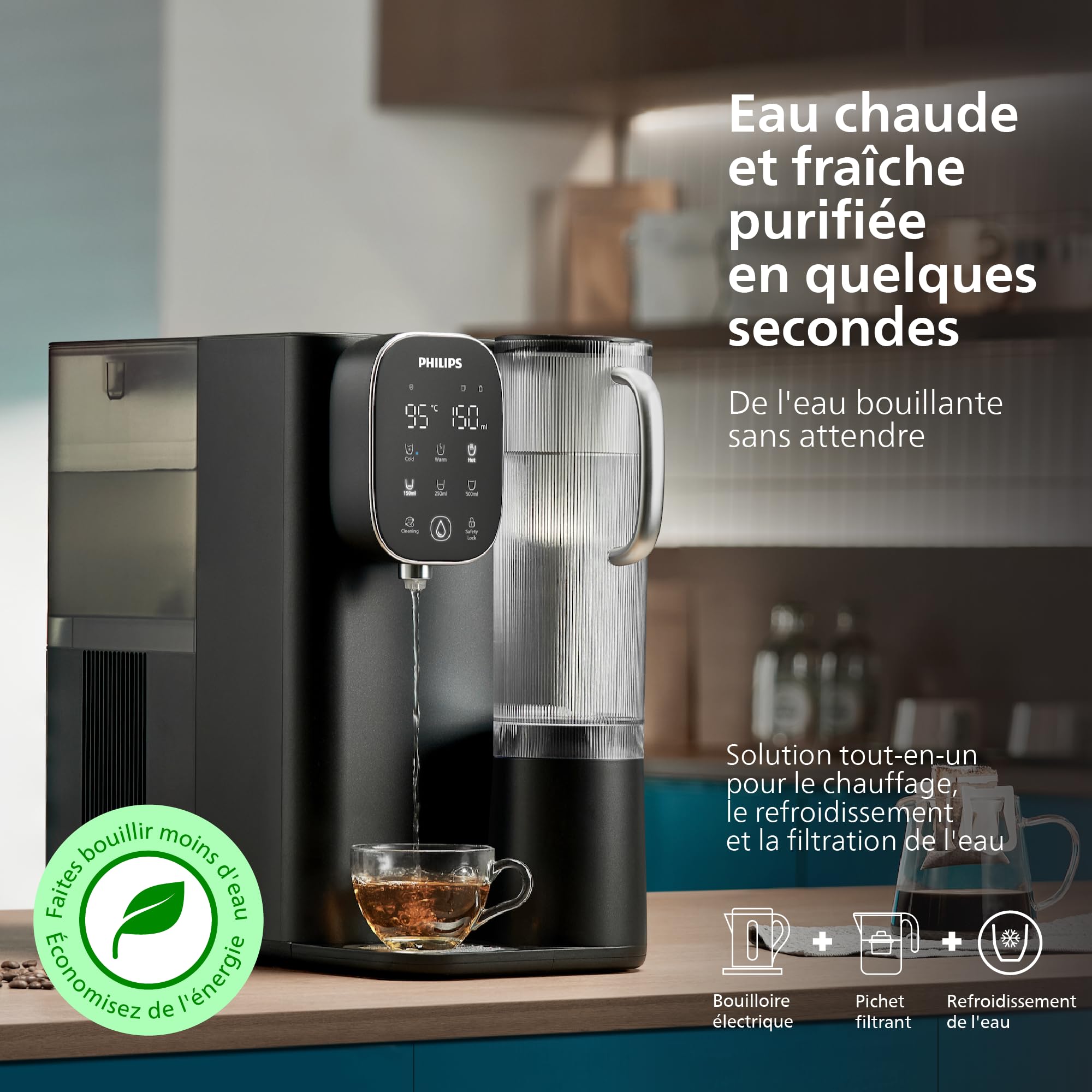 Philips Water Distributeur d’Eau à Osmose Inverse 6500: Eau Chaude/Froide filtrée en Secondes, RO 6-en-1 préservant Les minéraux, >110 contaminants réduits, Ratio 3:1, UV-C, sans Installation, 2000 L