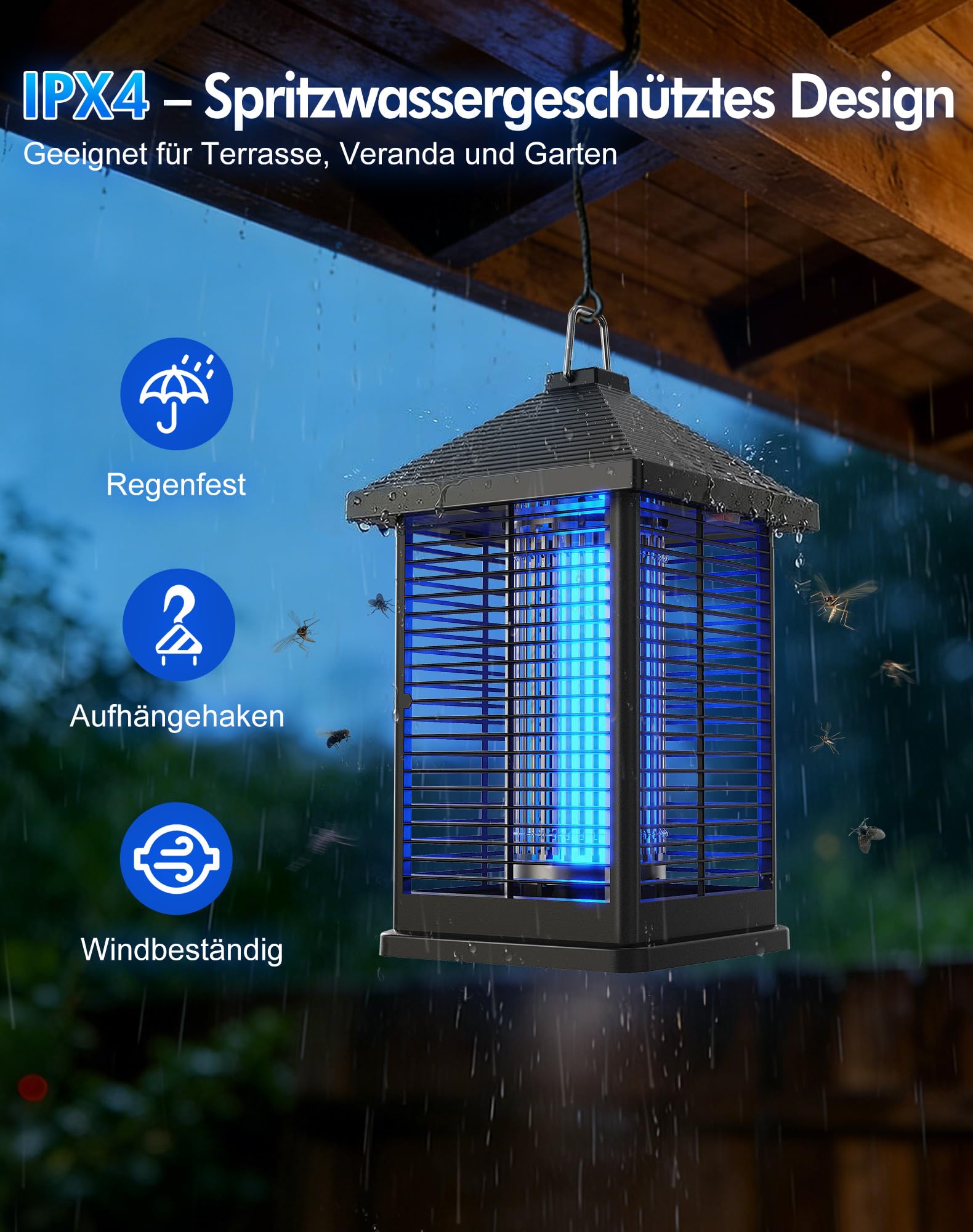 Insektenvernichter Elektrisch mit Lichtsensor, 4000V Mückenvernichter für Drinnen & Draußen, IPX4 wasserdichte UV-Insektenfalle, Reichweite 100 m² – Ideal für Terrasse, Garten, Garage