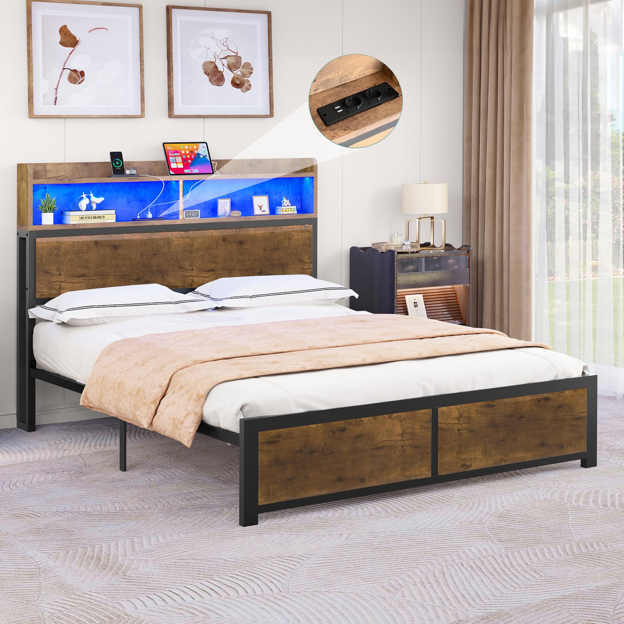 YITAHOME Bed Frame,LED with Headboard,USB Ports & Charging Outlets,Metal Platform Bed Frame with 2 Tiers Storage Shelves, No Box Spring Needed Super King Size Wood color