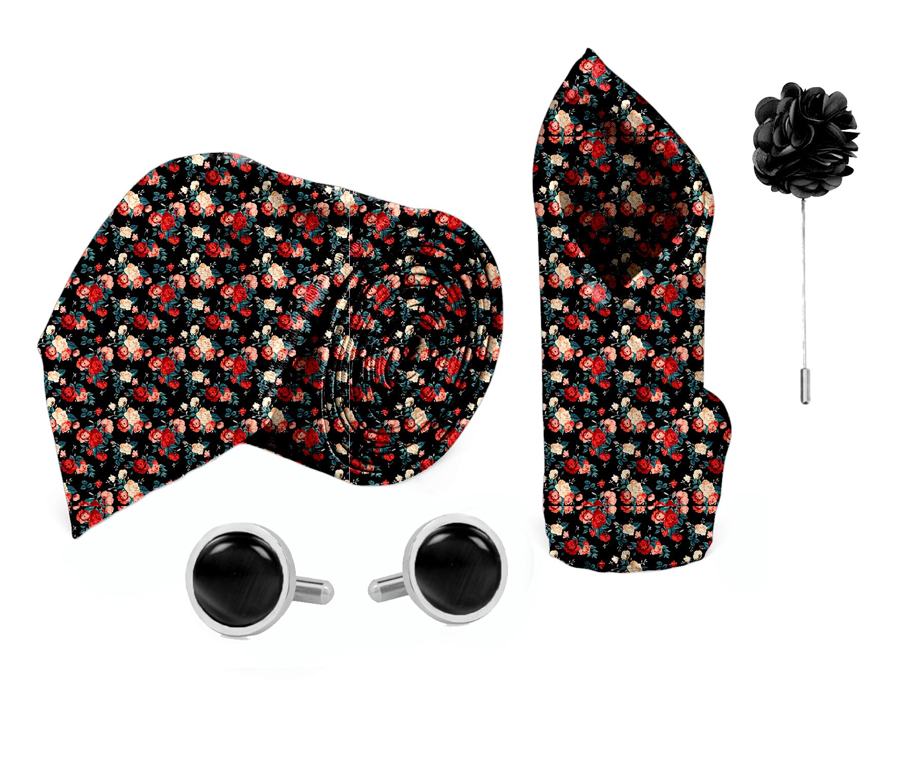 blacksmith Red & Beige Rose Printed Tie and Pocket Square Set for Men with Natural Stone Cufflink and Matching Flower Lapel Pin-picture-20