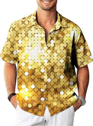 KYKU Mens 70s Disco Shirt Vintage Button Up Shirts Short Sleeve