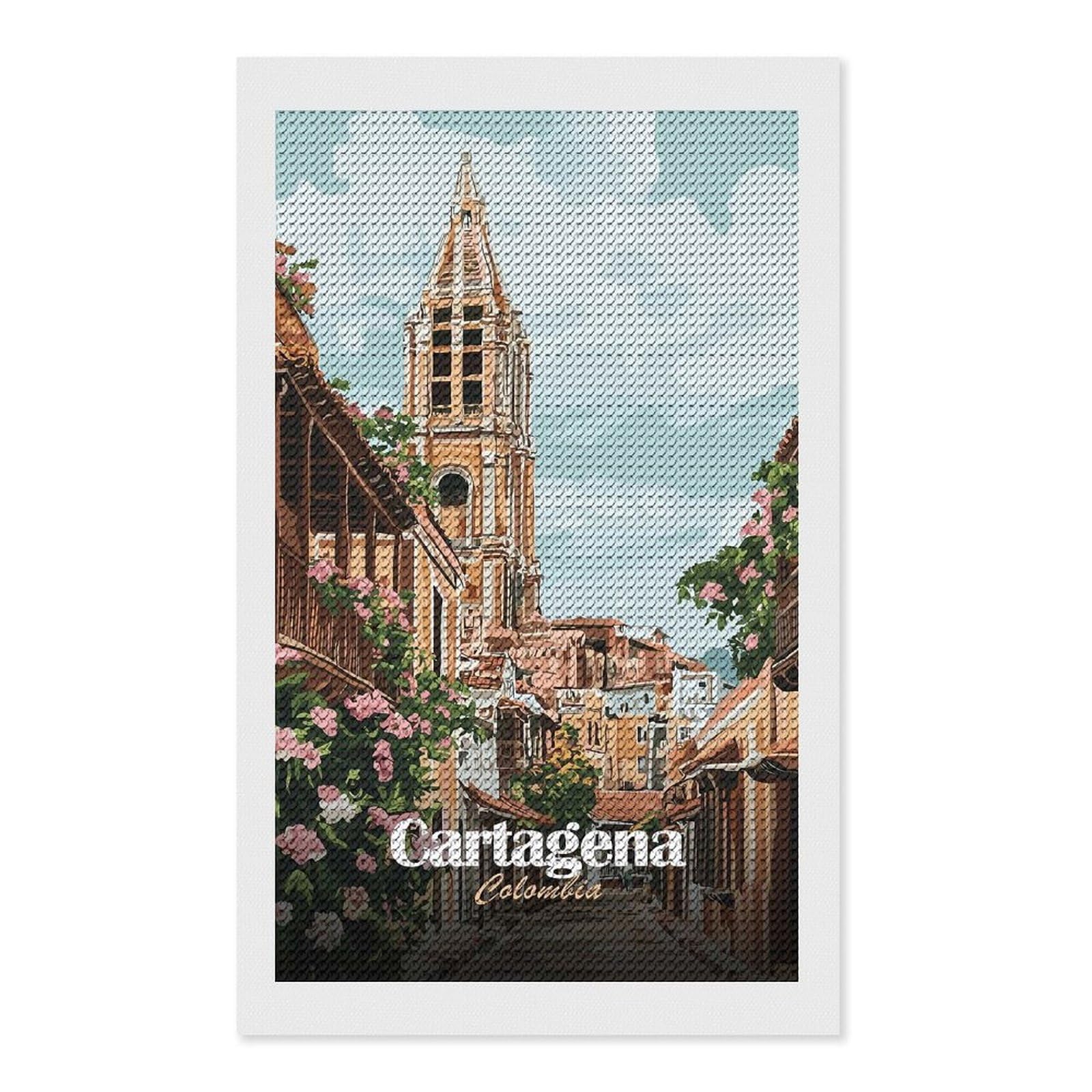 Junmoney Cartagena, Colombia DIY Diamond Art Canvas Kit 12"x20", Adhesive Canvas, Easy to Enjoy, Farmhouse Decor, Festive Craft Gift
