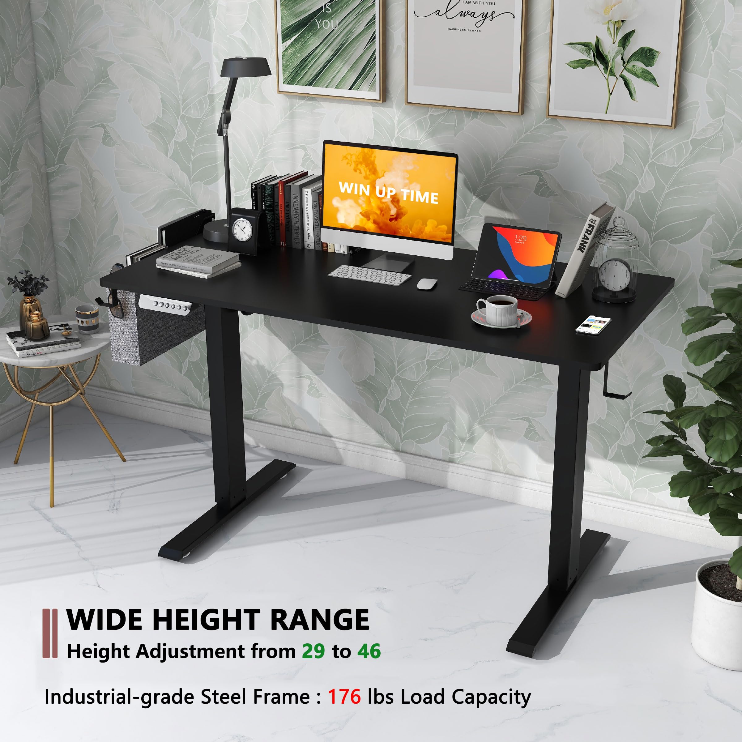 Win Up Time Standing Desk Adjustable Height Desk- Whole Piece Desktop Electric Adjustable Standing Desk, Height Adjustable Desk Stand Up Desk for Home Office Computer Desk, Storage Bag, Black