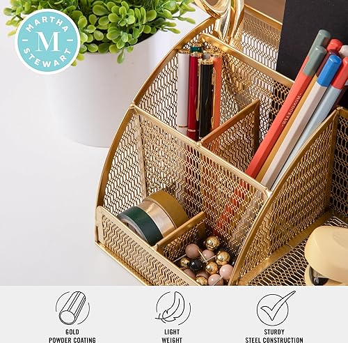 Miniatura 6 de Martha Stewart Ryder - Organizador de escritorio pequeño de metal de malla dorada para accesorios de oficina, cuadernos, soporte para bolígrafos y