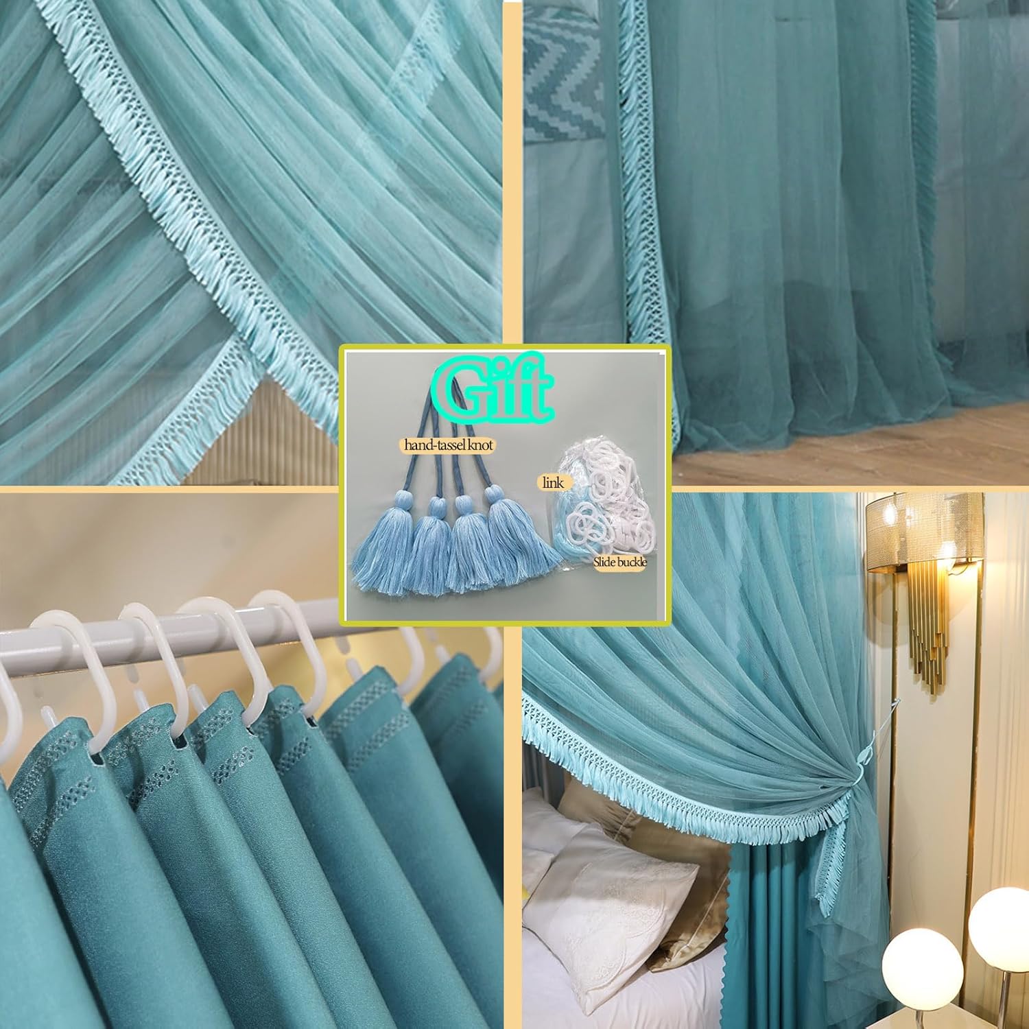4 Corners Post Canopy Bed Curtain with Frame for Girls & Adults - Cute Cozy Drape Square Netting for Twin Bed - 4 Opening Mosquito Net - Princess Bedroom Decoration