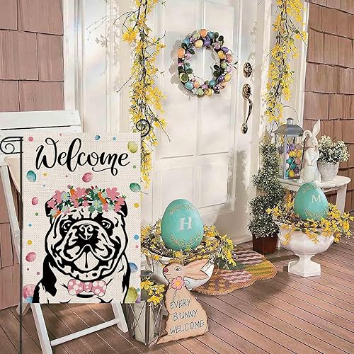 Miniatura 4 de Bandera de Pascua para jardín, huevo de Pascua, bulldog inglés, banderas de doble cara para exteriores, flores de bienvenida, decoración de patio al