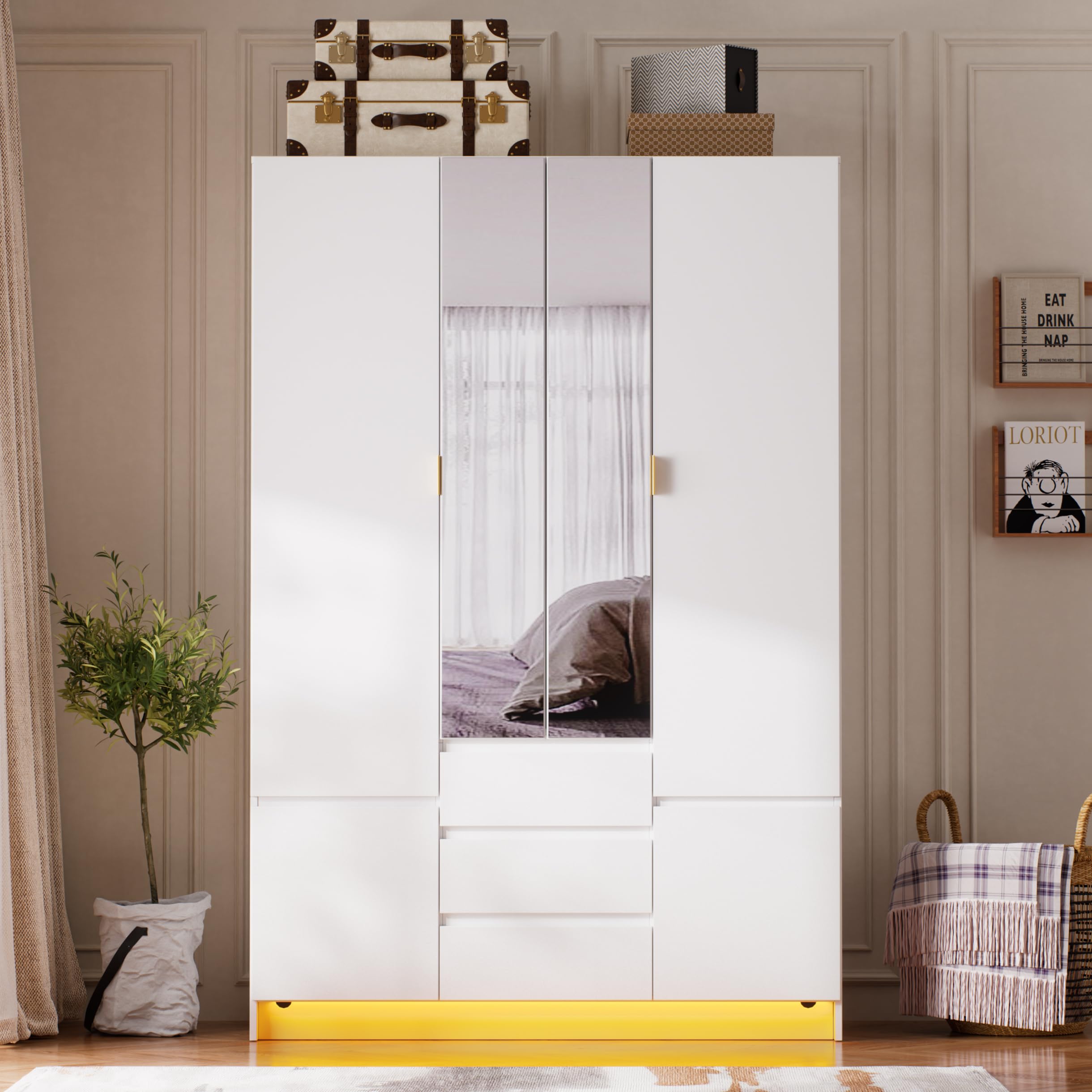 MSFE Armadio Camera da Letto 4 Ante con Specchio,Wardrobe Camera Moderna con LED,3 Cassetti e Asta,Grande Armadio per Cameretta,Camera dei Bambini,da Ingresso,50 * 120 * 180CM