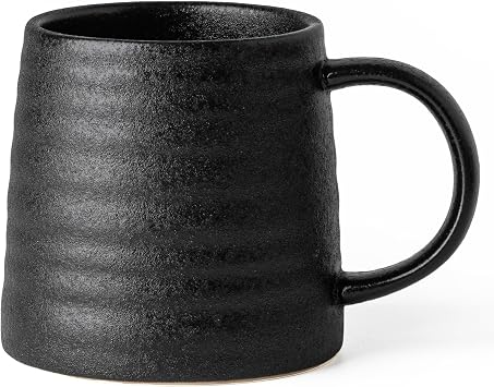 15.5 Oz Large Textured Matte Black Glaze Ceramic Mug, Heavy Weighted Stoneware Coffee Cup, Wide Base, Thick Wall Big Tea Cup with Custom Package Box, Microwave & Dishwasher Safe Black