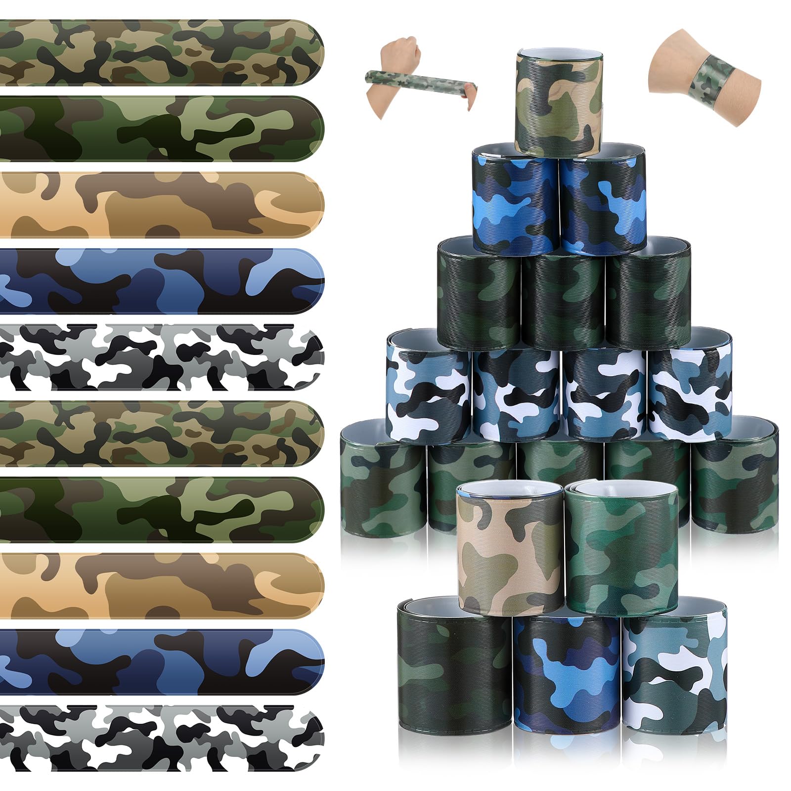 PullCrease 100 Pcs Kids Camo Slap Bracelets 5 Styles Assorted Army Slap Wristbands Snap Bracelets Green Camouflage Military for Camo Theme Kids Adult Army Party Birthday Classroom Prizes Birthday Gift