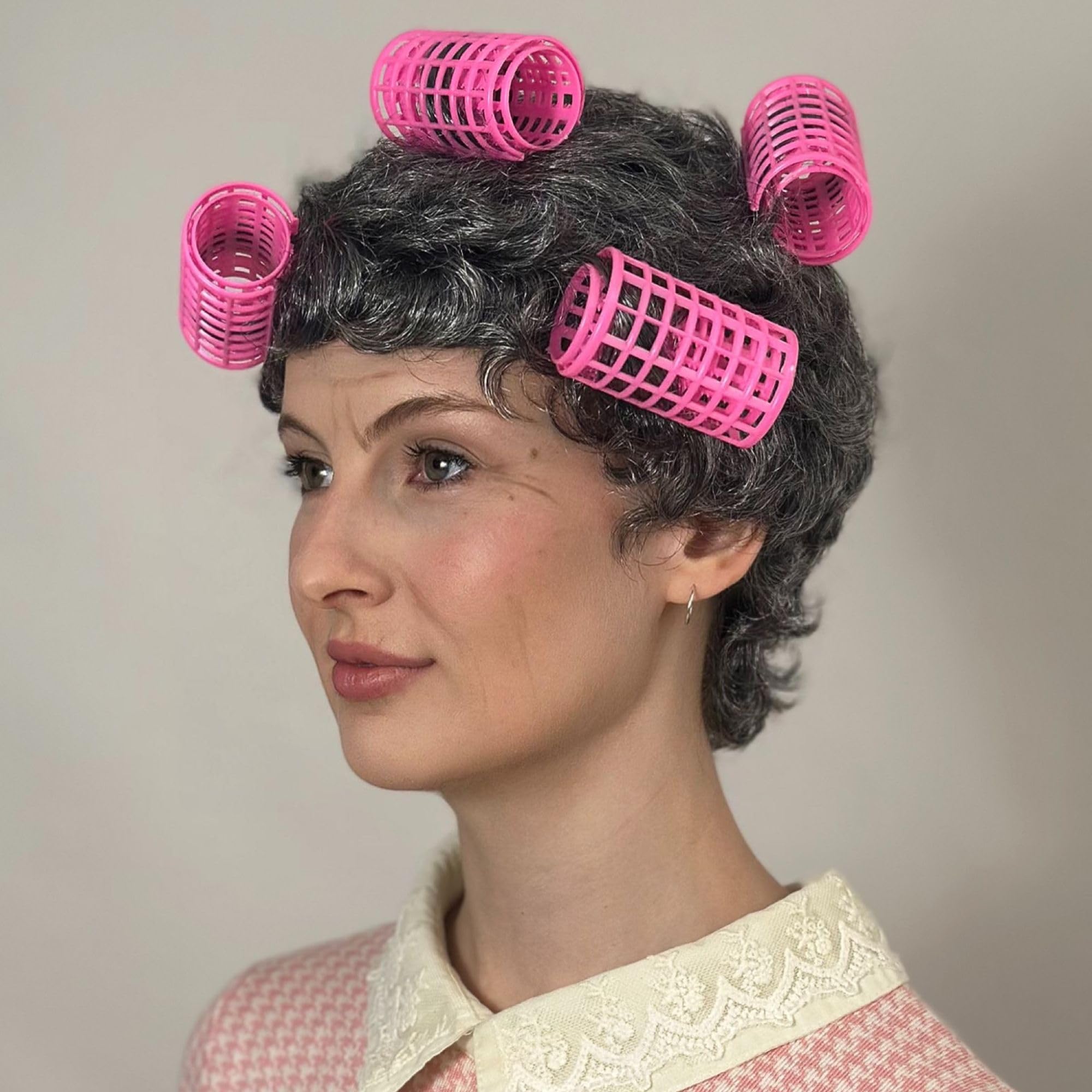 ALLAURA Retro Grey Housewife Wig with Curlers, Adult Old Lady Costume Hairpiece, MatteSilk Synthetic Fiber - Image 3