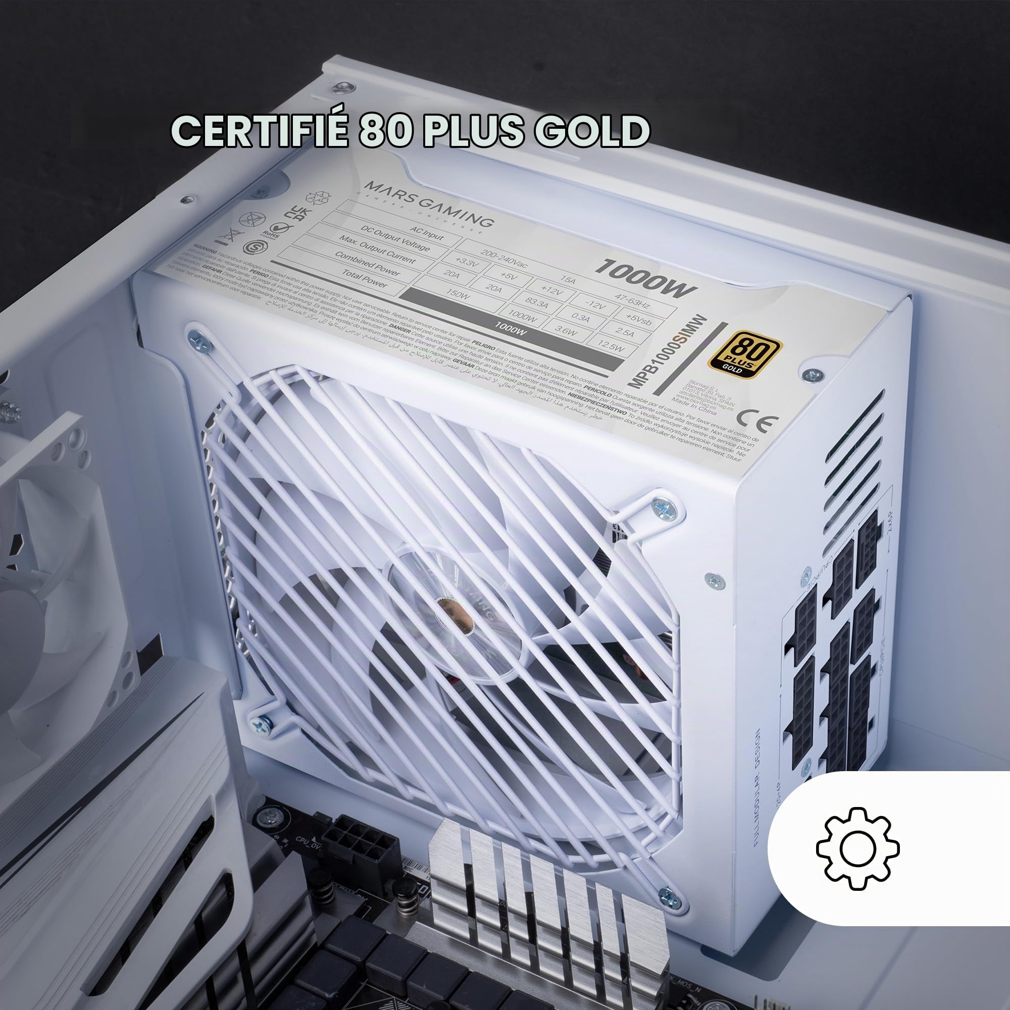 MARS GAMING MPB1000SIM, Bloc d'alimentation Full Modular ATX 1000W, 7 Ans Garantie, 80Plus Gold 90%, Ventilateur SI Extreme Silence 140mm, Technologies AI2-RPM, Condensateurs Japonais, Blanc