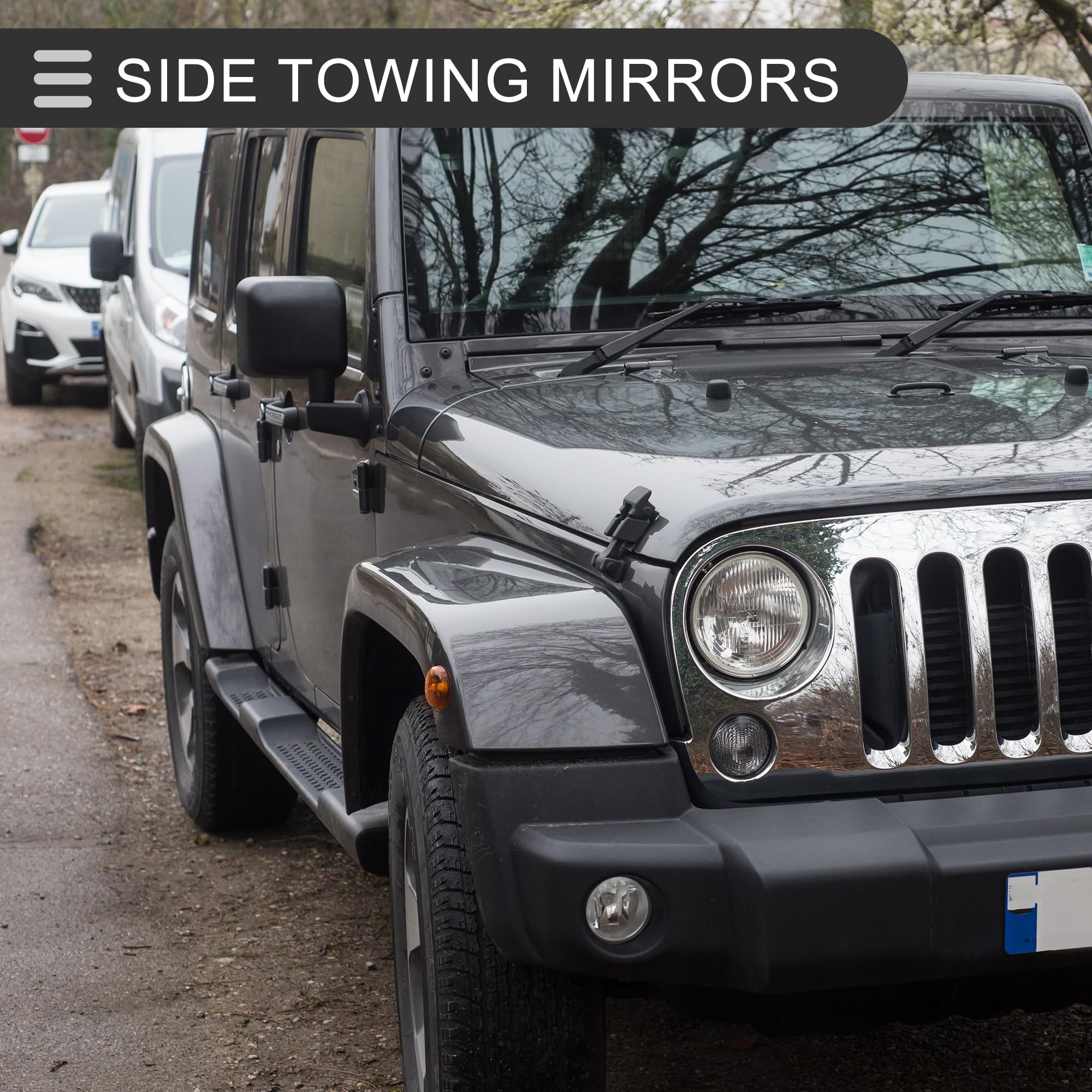 Motoforti Lusterko boczne do holowania, ręcznie składane lusterka do przyczepy, do Jeep Wrangler 2007-2017, tworzywo sztuczne ABS, czarne, 1 zestaw