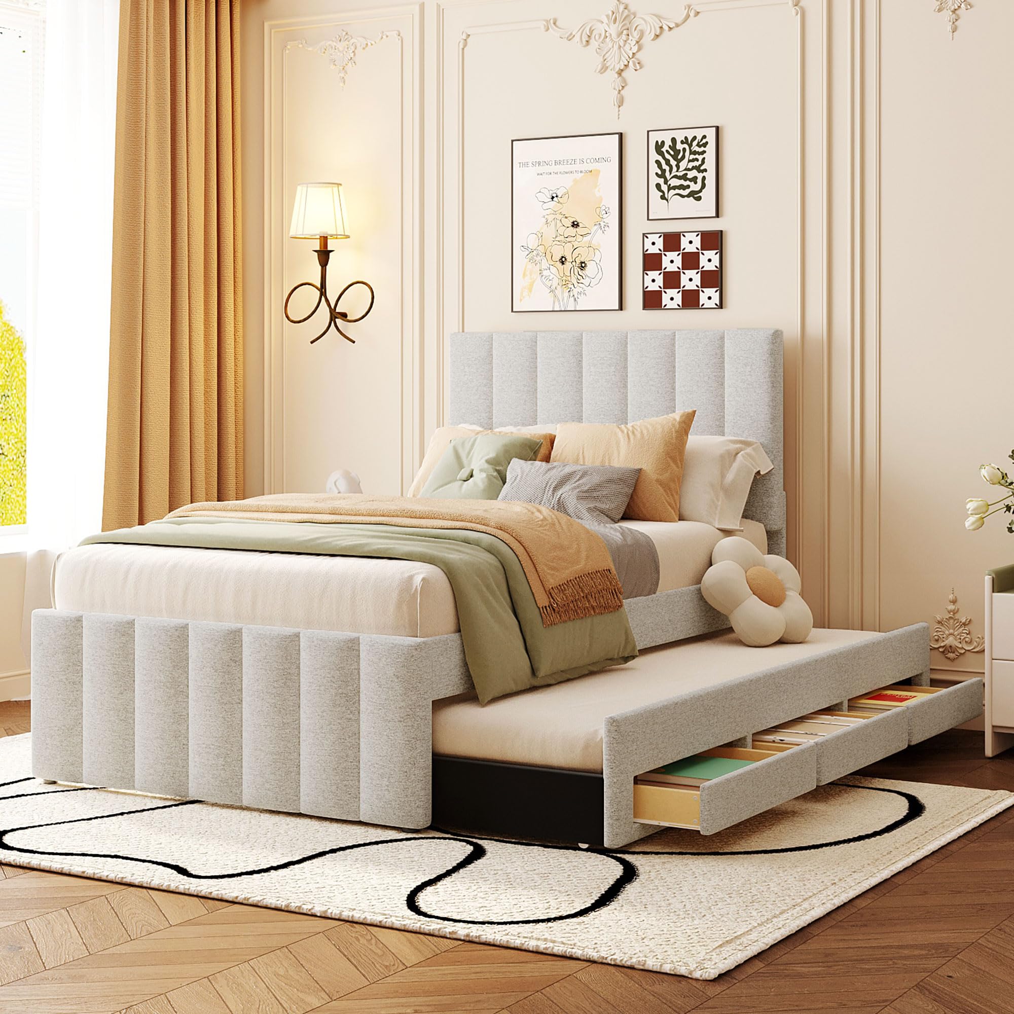 Merax Twin Size Bed Frame with Trundle and 3 Storage Drawers, Elegant Linen Upholstered Platform Bed with Stripe Headboard for Bedroom, Small Spaces,