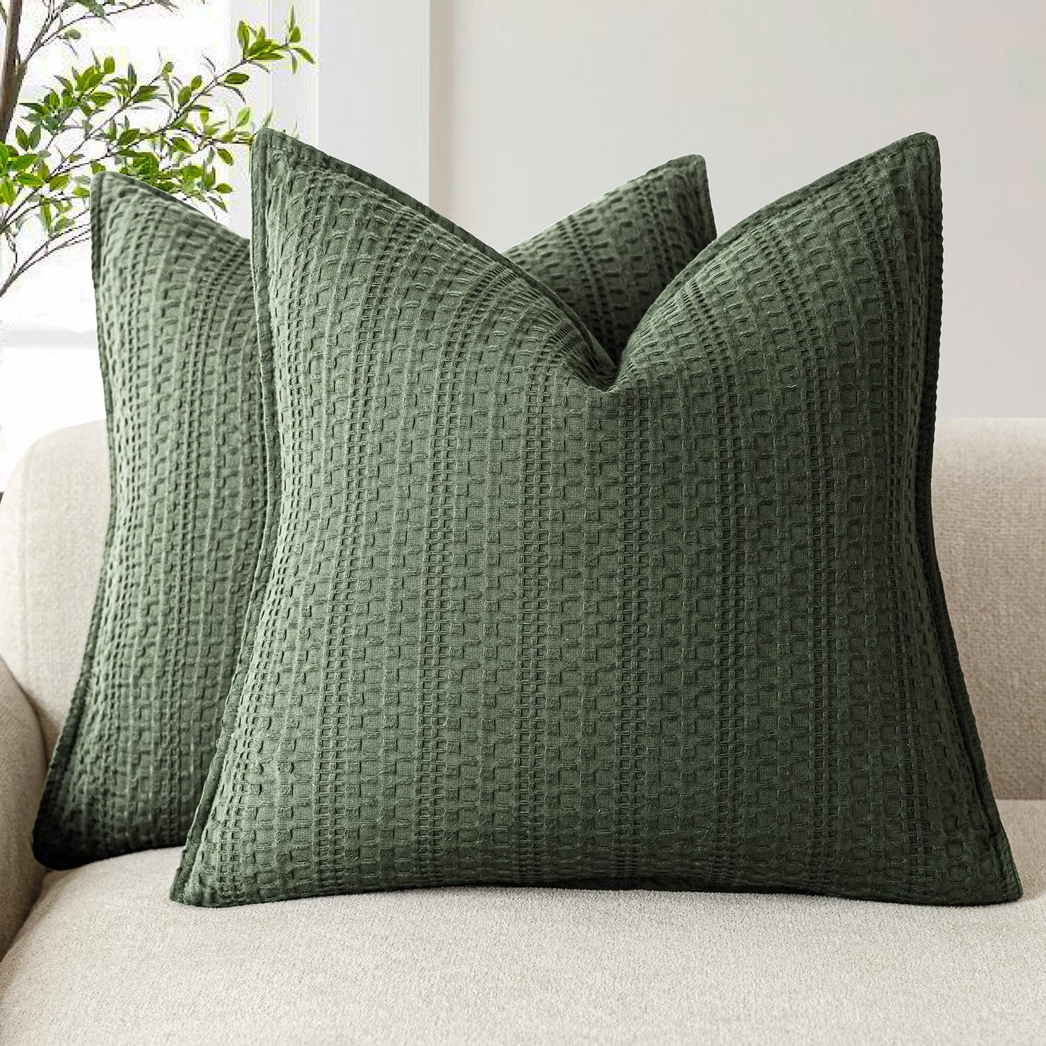 Housses de coussin décoratives vert foncé en coton gaufré 45x45 cm Foindtower