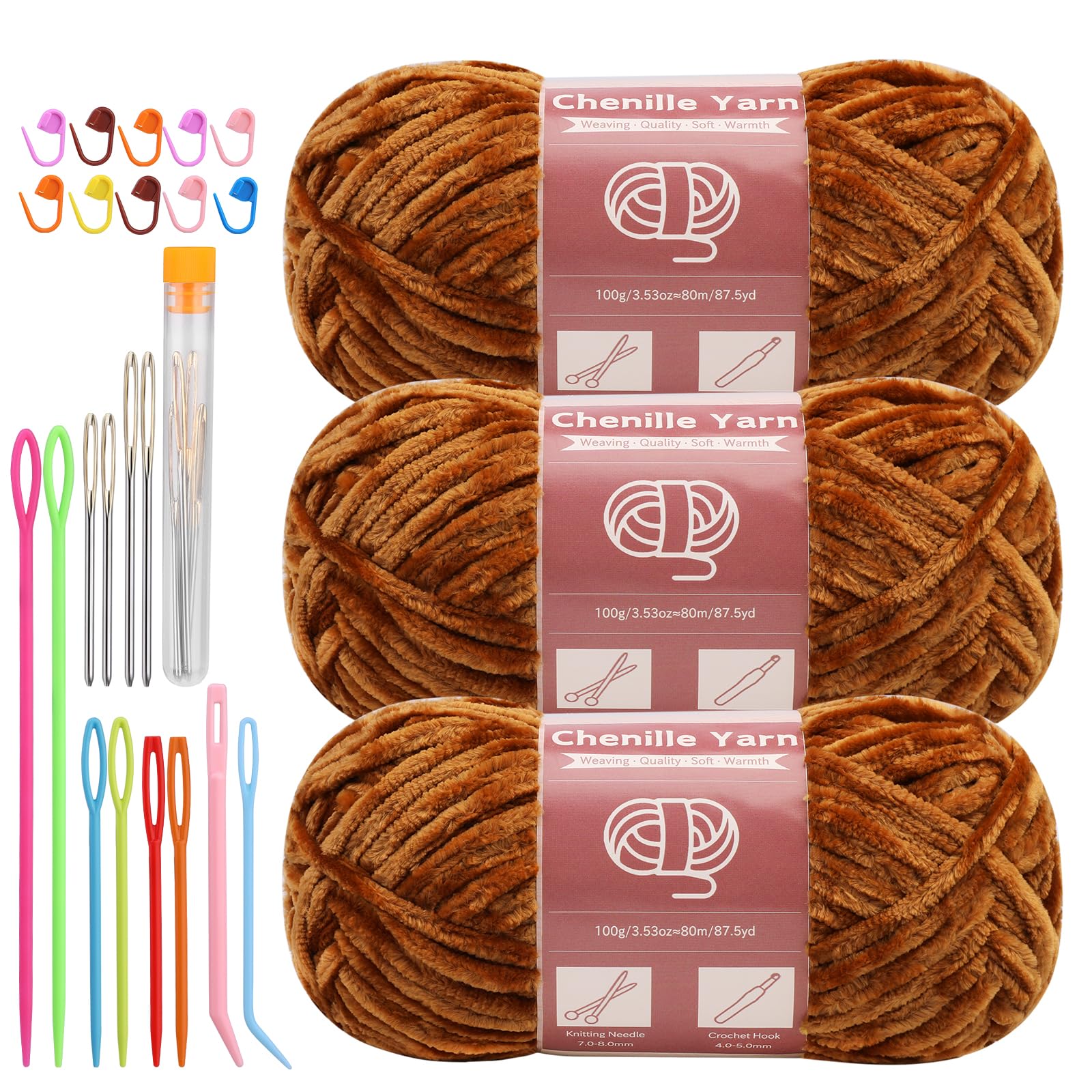 LUNARM Chenille Yarn 3 Pack 3.5oz Chunky Blanket Velvet Yarn 263 Yard | Khaki Velvet Chunky Chenille Yarn for Beginners Crocheting Hand Knitting Scarves with Big Eye Needles Machine Washable