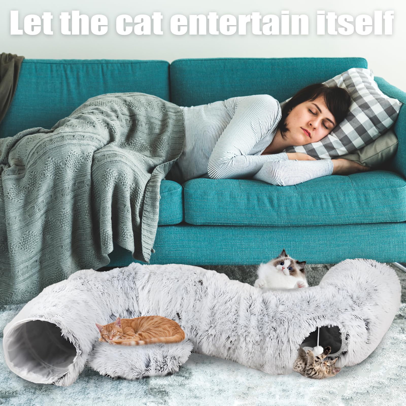 Tunnel per gatti rotondo con cuscino letto, tunnel per gatti rotondo con cuscino rimovibile, con tappetino rimovibile e palline tremanti, grigio chiaro