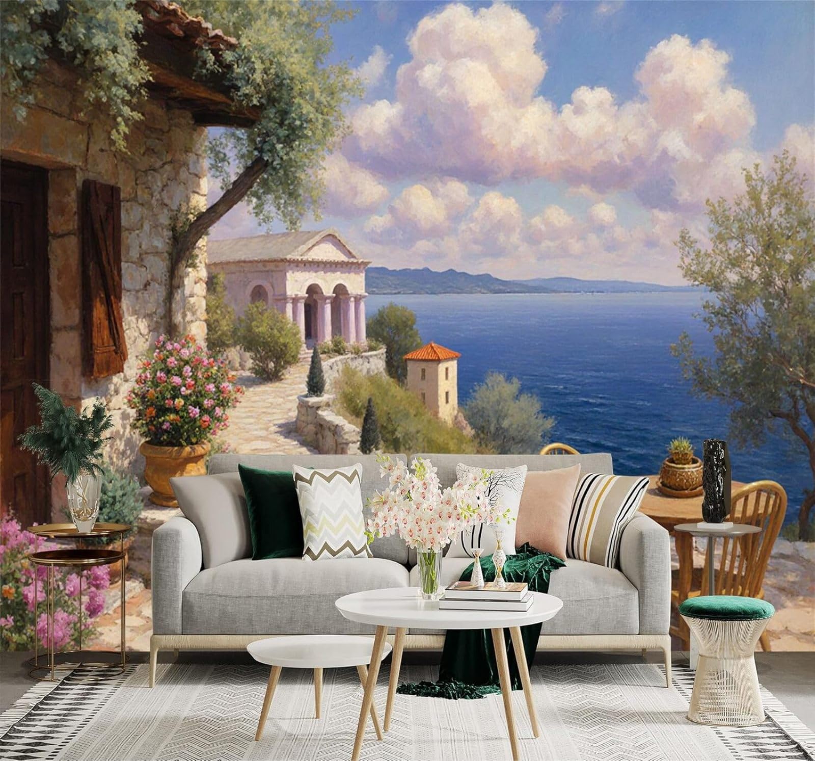 Xlming 200Cm×140Cm(B×H) Village Terrace Stone Path Flowers Seascape 3D Wallpaper Silky Texture Home Study Office Grey Dining Room Sofa Bedroom Living Room Tv Backdrop-200Cm×140Cm